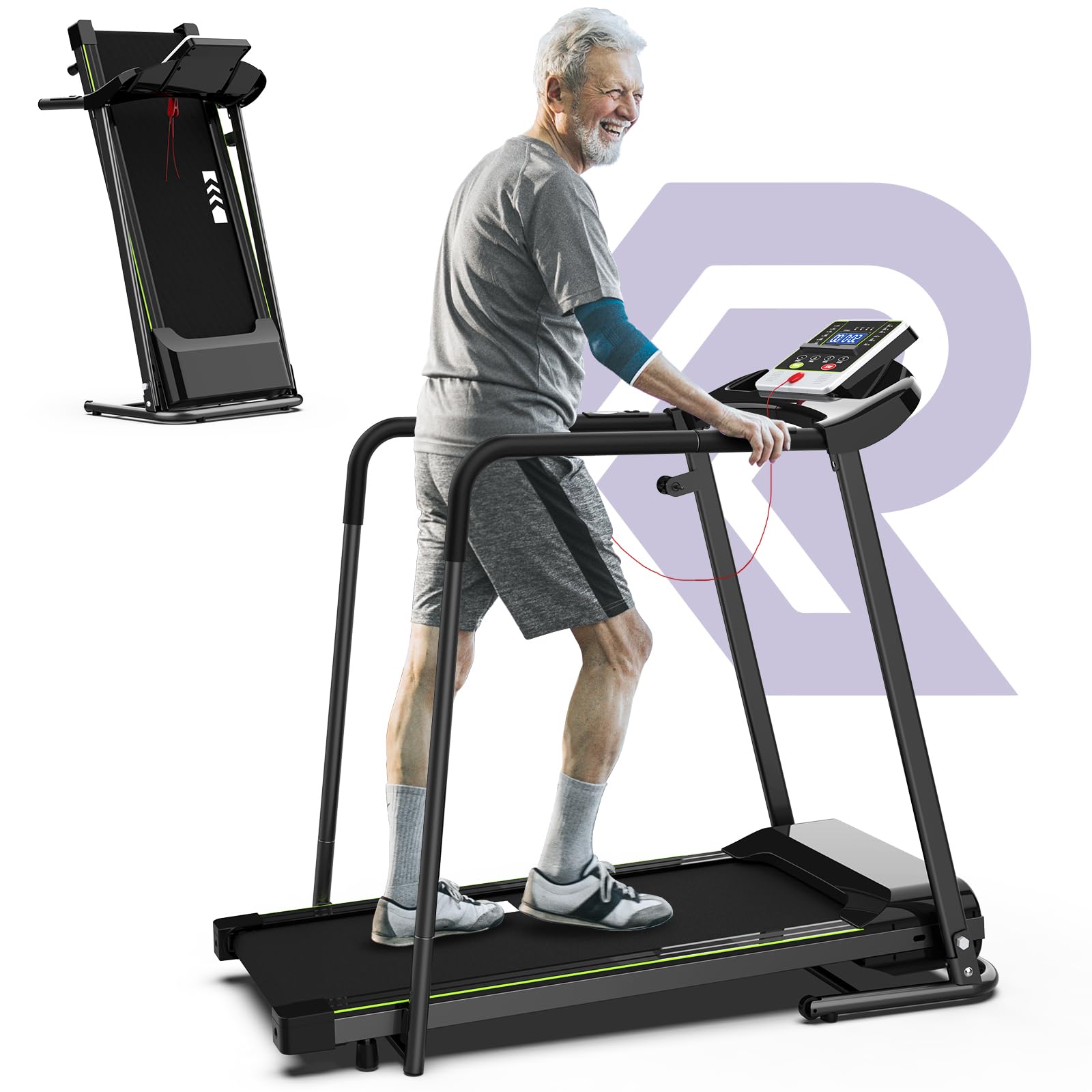 Rellysport Walking Treadmill for Seniors with Handrails - Recovery Fitness Exercise Machine for 300lbs Capacity, Foldable Treadmills for Home with Heart Rate Monitoring, Holder for Phone & Cup