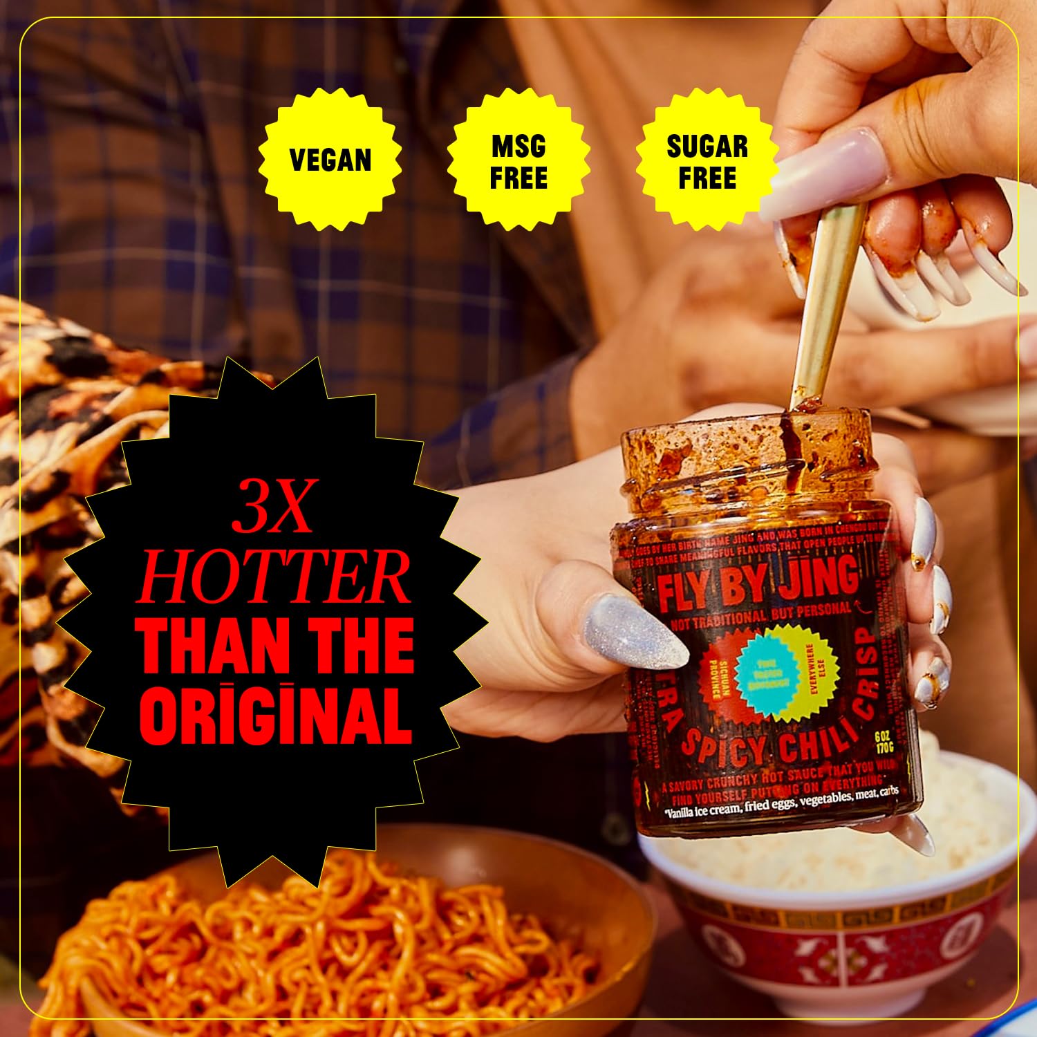 FLYBYJING Xtra Spicy Chili Crisp, Hot Savory Tingly Crunchy Chili Oil Sauce w Sichuan Pepper, Good on Everything Hot Sauce, All-Natural and Vegan, Made with Extra Hot Chilis, 6oz (Pack of 1)