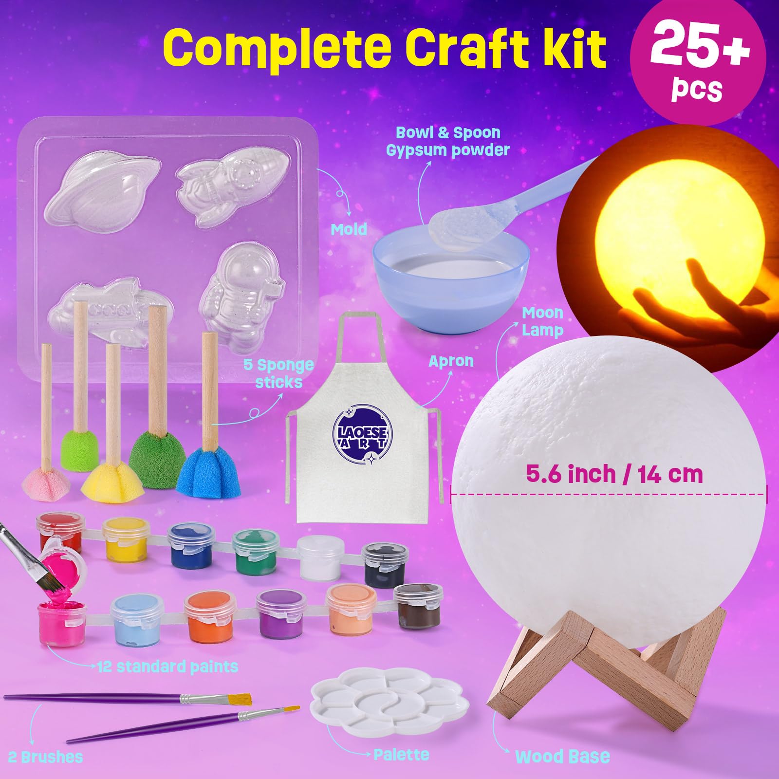 Paint Your Own Moon Lamp Kit, DIY 3D Space Moon Night Light, Art Supplies Arts & Crafts Kit, Arts and Crafts for Kids Ages 8-12, Toys Girls Boy Birthday Christmas Gift Ages3 4 5 6 7 8 9 10 11 12+,