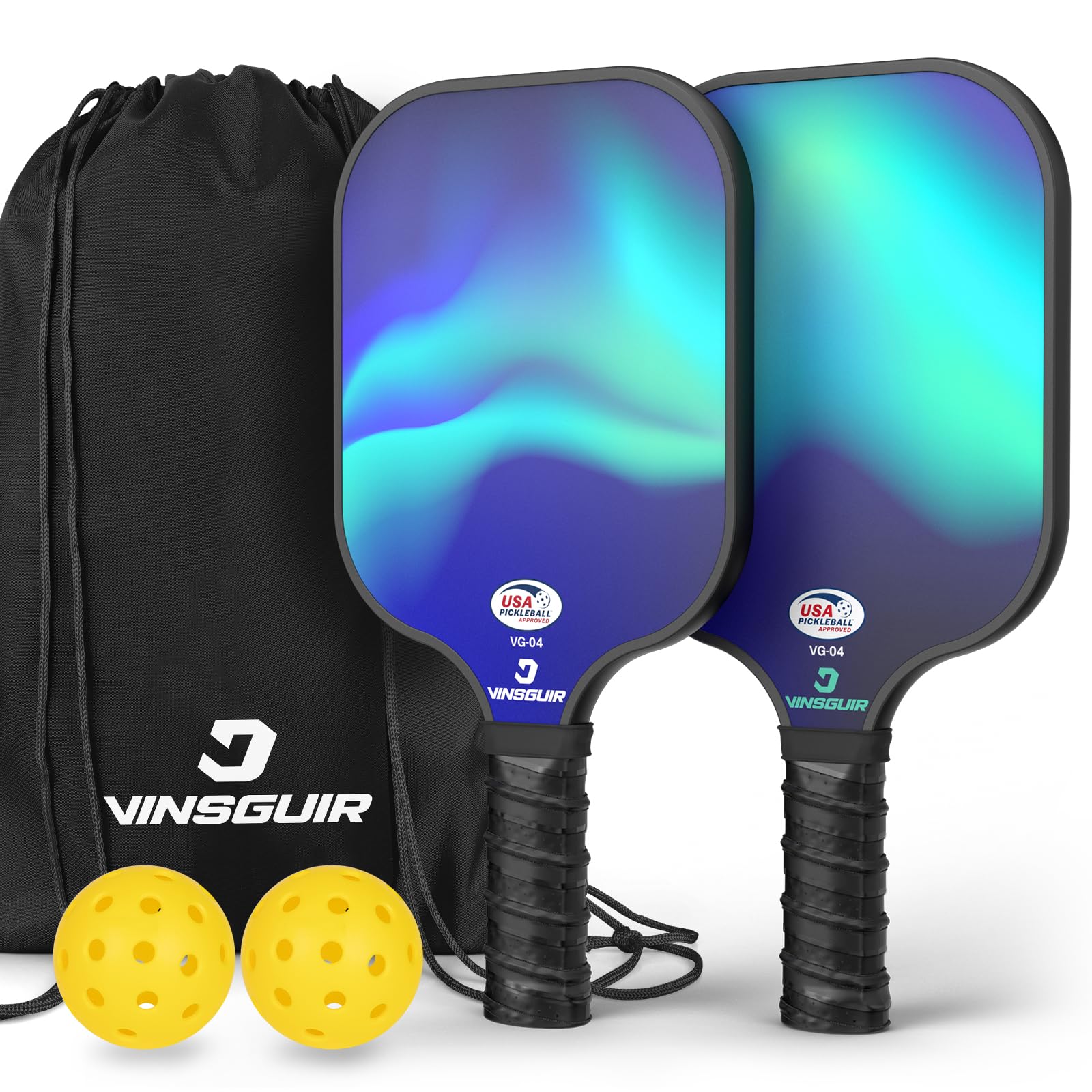 VINSGUIR Pickleball Paddles, Fiberglass Pickleball Paddles Set of 2, Lightweight Pickleball Rackets with Pickleball Carrying Bag, Pickleball Gifts for Beginners & Pros