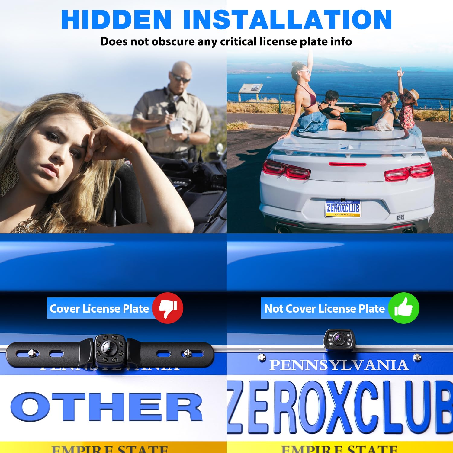 ZEROXCLUB HD Car Backup Camera 6 Auto LED Lights Night Vision, IP69 Waterproof Wired License Plate Rear View Camera 149° Wide View Reversing Camera for Car Pickup Truck SUV-B2