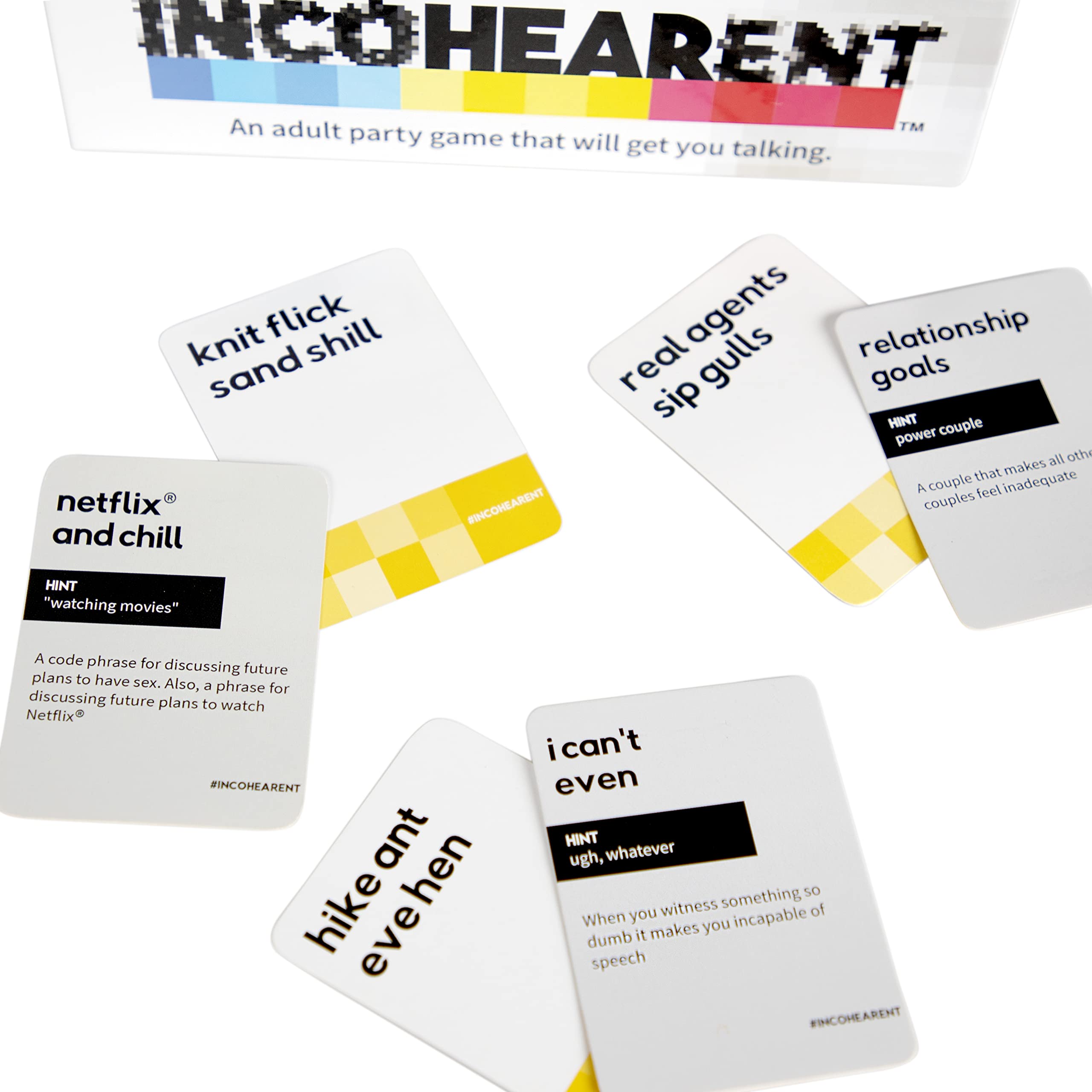 Incohearent, The Guess the Gibberish Party Game by Relatable, A Funny Card Game for Adults, Great for Christmas Party Games and Hanukkah Gifts, Includes 400 Cards, Instructions, and 1 Sand Timer