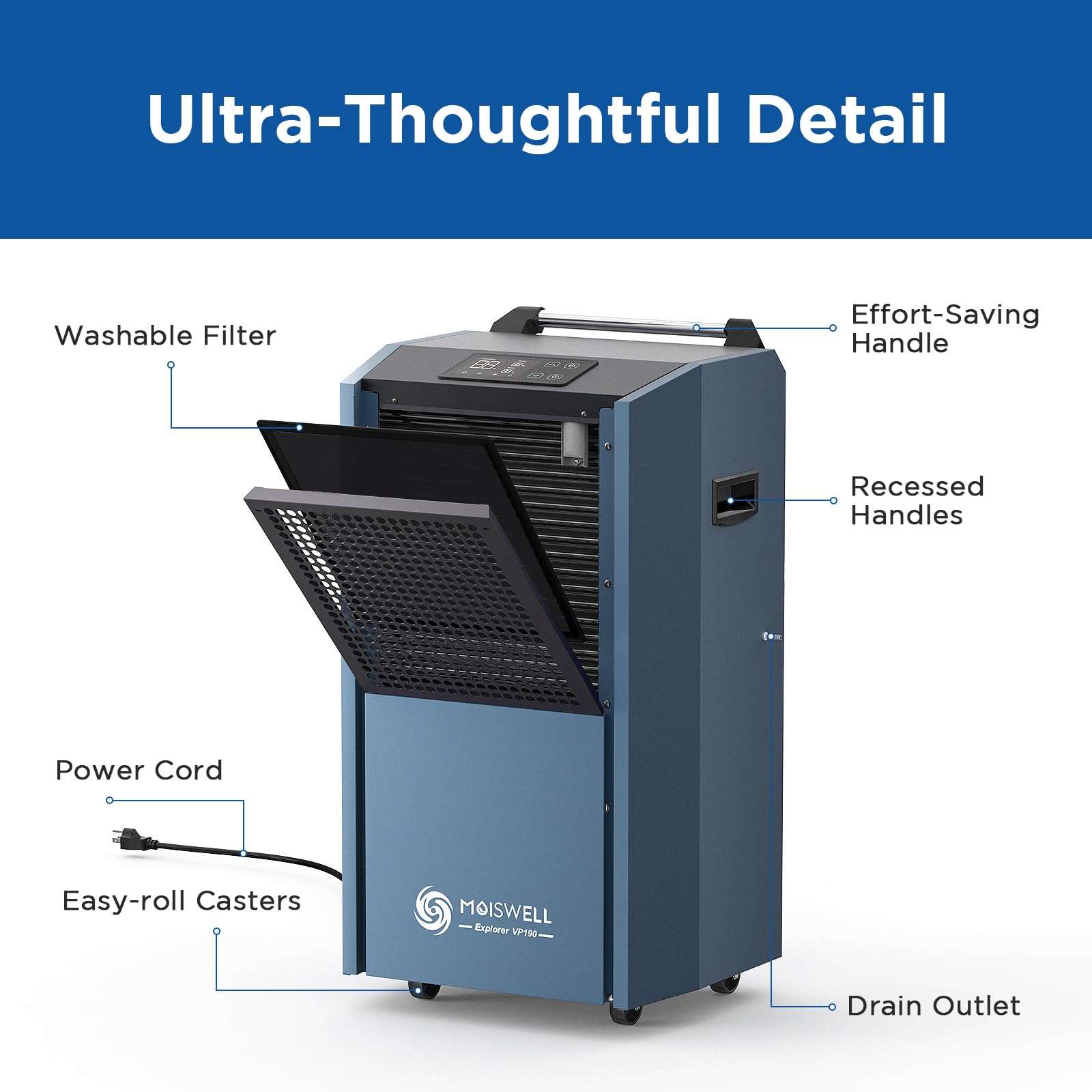 Moiswell 190 Pints Commercial Dehumidifier with Pump for Basements, Industrial Heavy Duty Commercial-grade Portable Dehumidifiers for Large Spaces Warehouse Grow Room, Water Damage Restoration