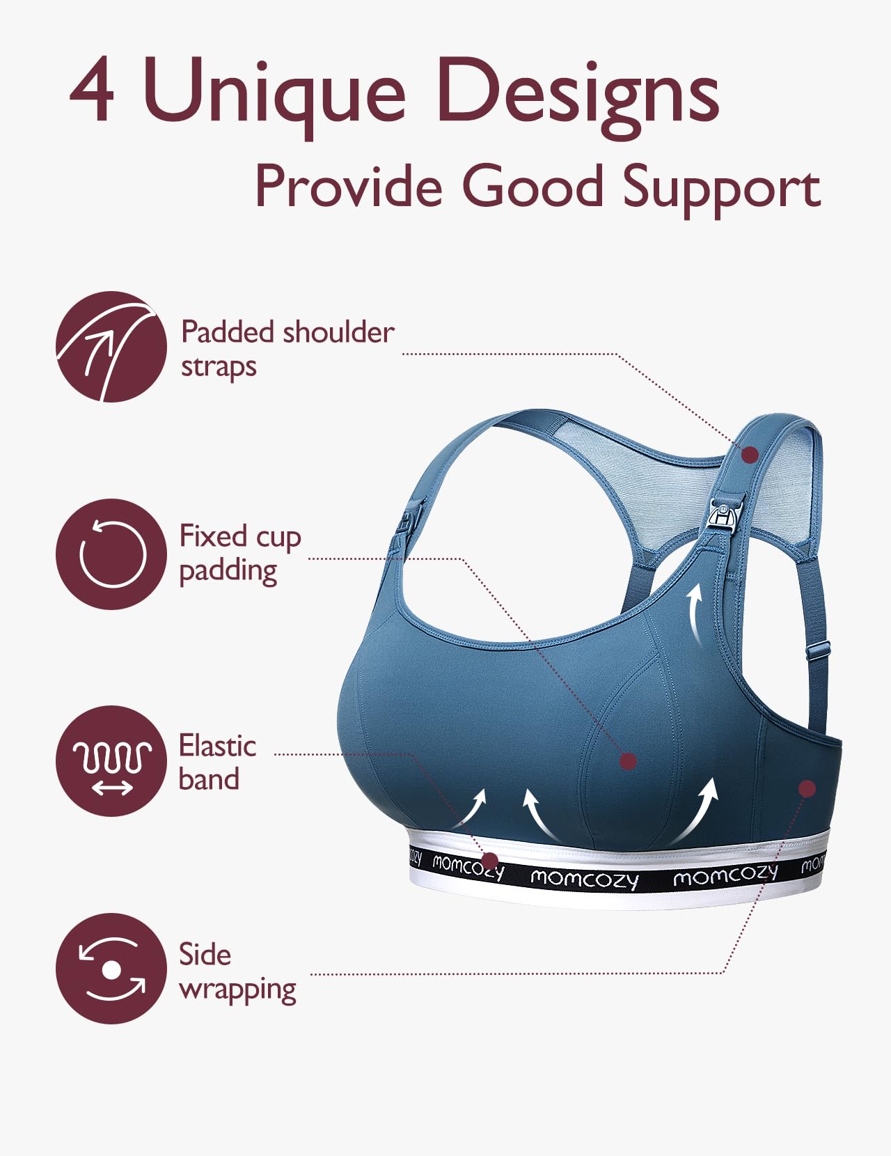 Momcozy Nursing Bras for Breastfeeding, FB011 Low-Impact Nursing Sports Bra Support Maternity Pregnancy Padded Wireless Bralette Blue