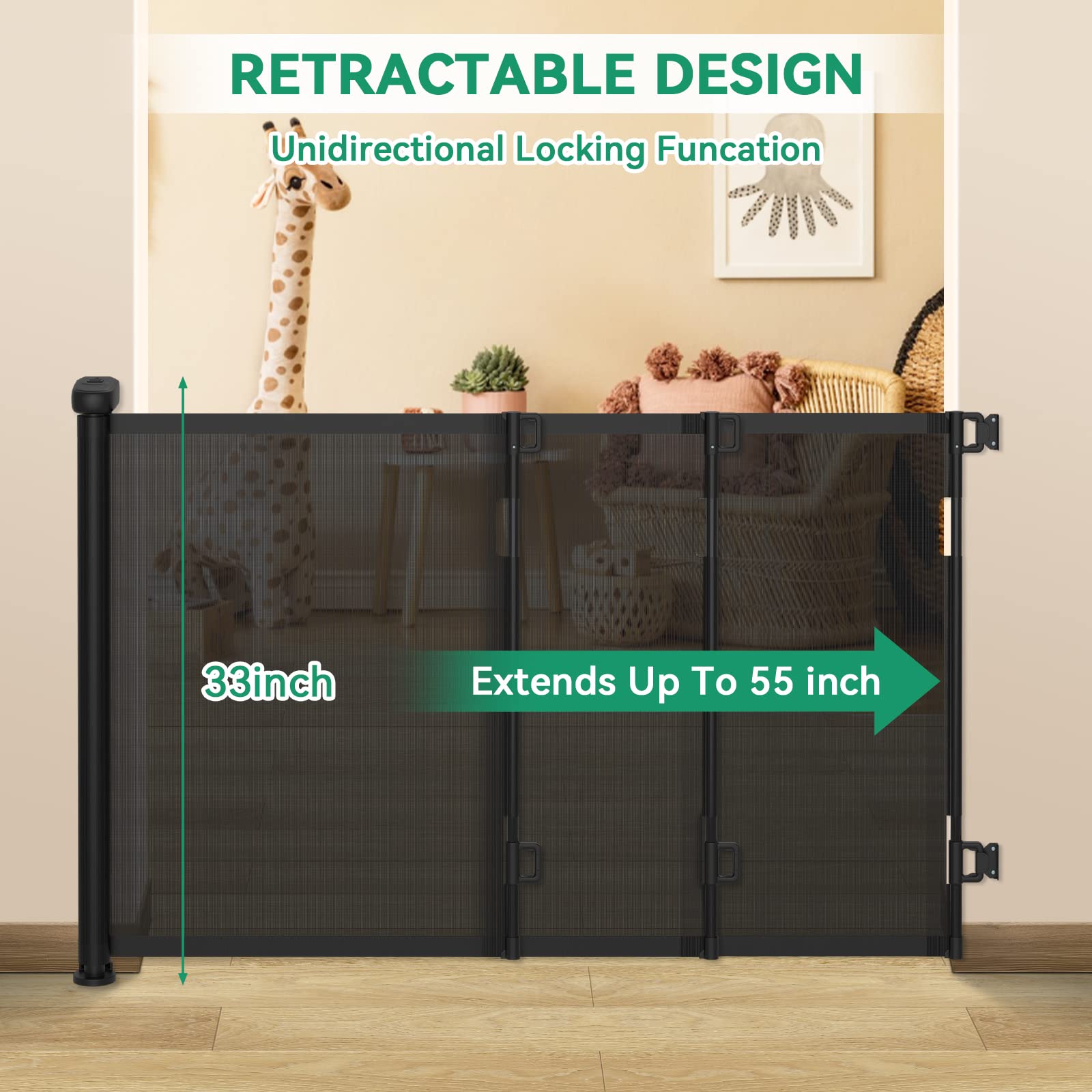Retractable Baby Gate, 33" Tall, Extends up to 55'' Wide, Child Safety Baby-Gate, Dog Gate, Pet Retractable Gates for Stairs, Doorways, Hallways, Indoor and Outdoor