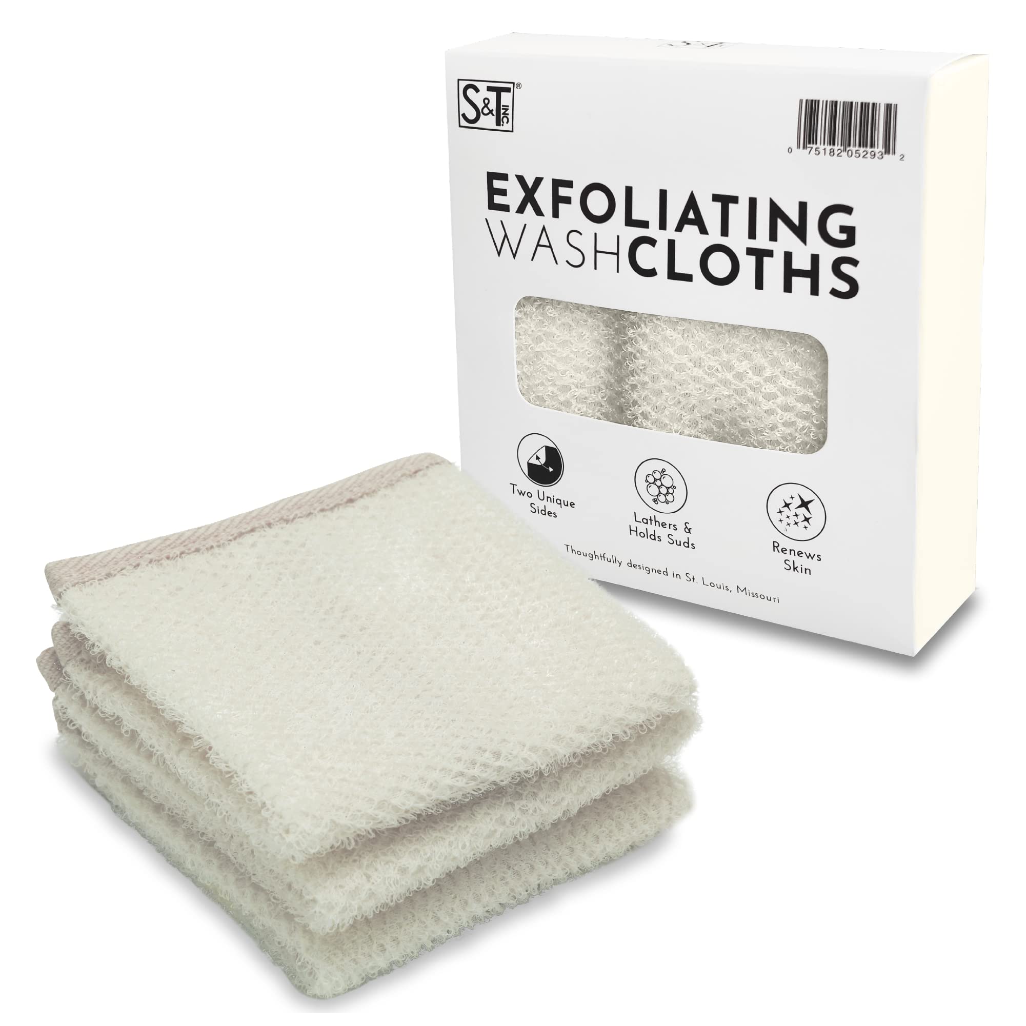 S&T INC. Exfoliating Washcloths, Dual Sided for Face and Body Scrub Towel, 9.9 Inch x 9.9 Inch, Cream, 3 Pack