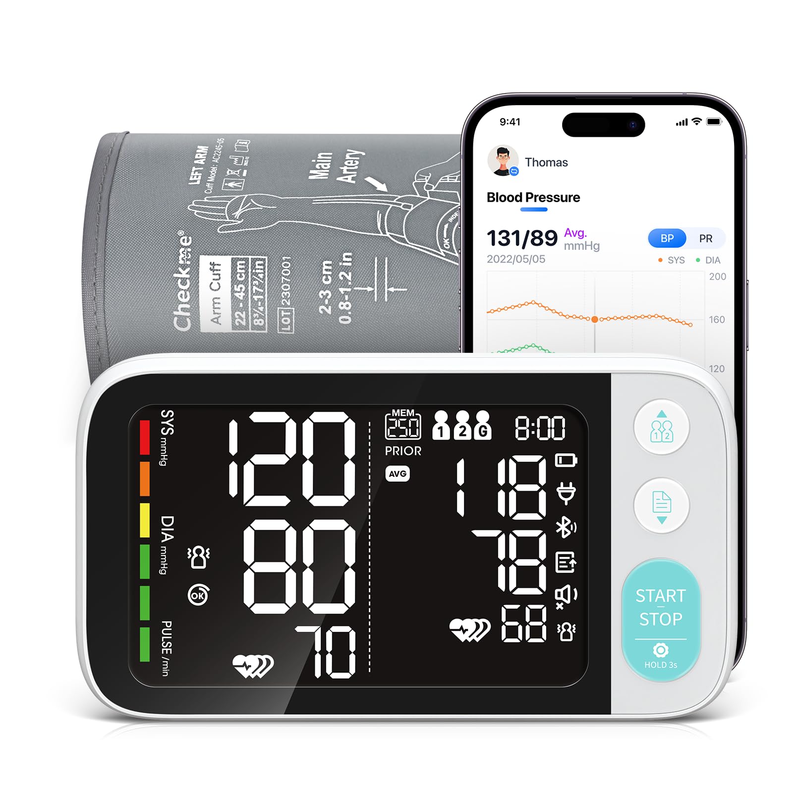 Checkme Blutooth Blood Pressure Monitors for Home Use, Blood Pressure Machine with Dual-Display, Extra-Large Adult Cuff, 500 Readings, Voice Broadcast - Automatic BP Monitor with Bluetooth