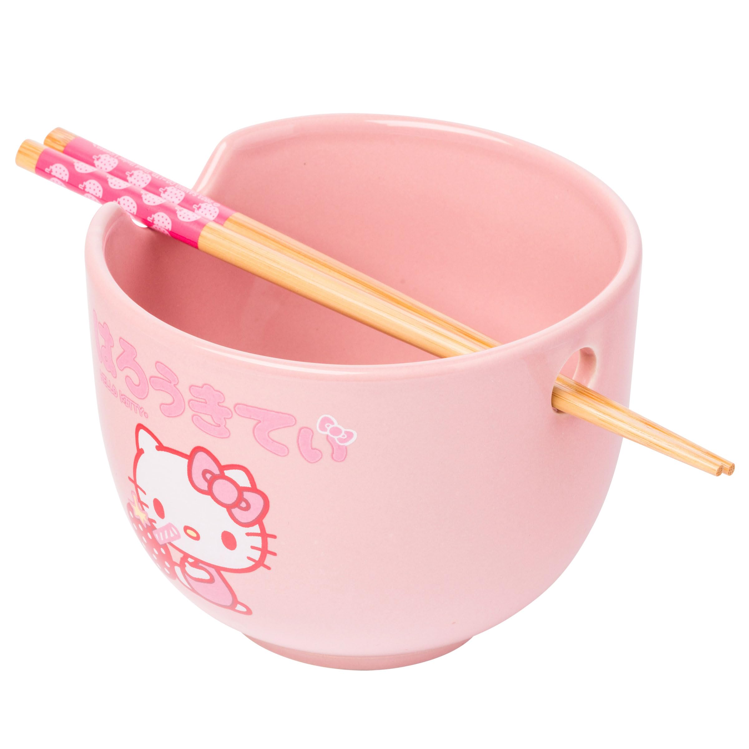 Silver Buffalo Sanrio Hello Kitty Strawberry Milk Japanese Character Ceramic Ramen Noodle Rice Bowl with Chopsticks, Microwave Safe, Pink, 20 Ounces