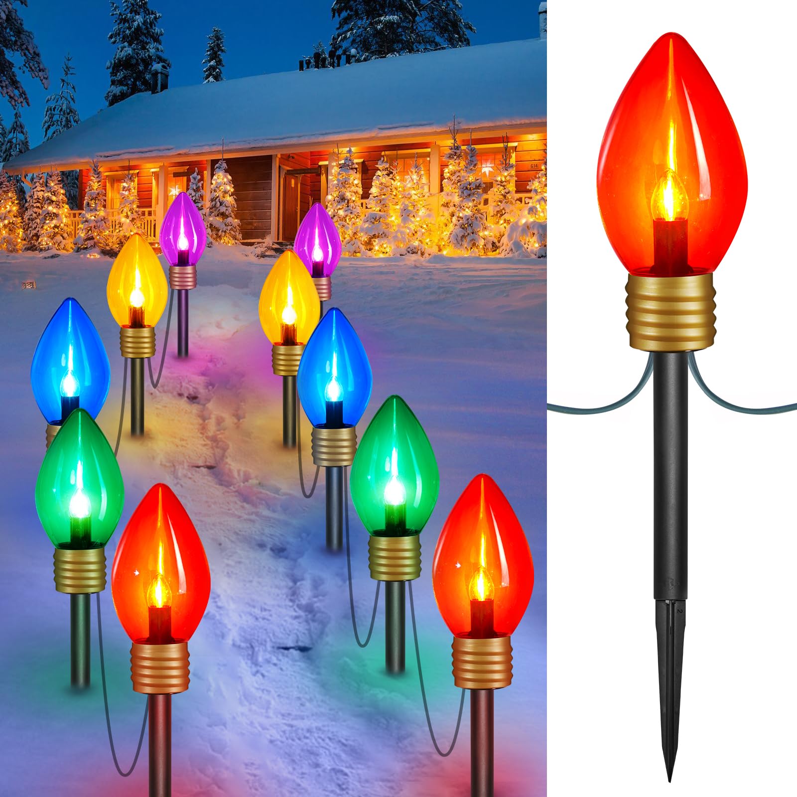 Christmas Lights Jumbo C9 Outdoor Lawn Decorations with Pathway Marker Stakes, 2 Pack 8.5 Feet String Lights Covered Jumbo Multicolored Light Bulb for Holiday Outside Yard Garden Decor, 10 Lights