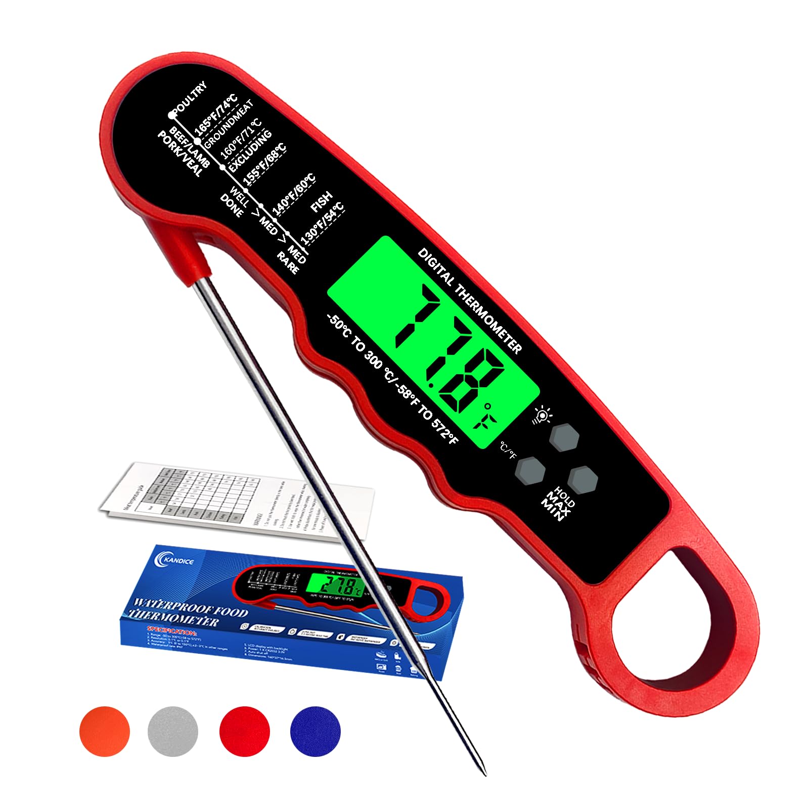 Meat Thermometer Digital, IP67 Waterproof Food Thermometer for Cooking and Baking, Instant Read Meat Thermometer with Backlight, Hold Function & Magnet for Kitchen, Beef, Grill, BBQ, Candy, Turkey