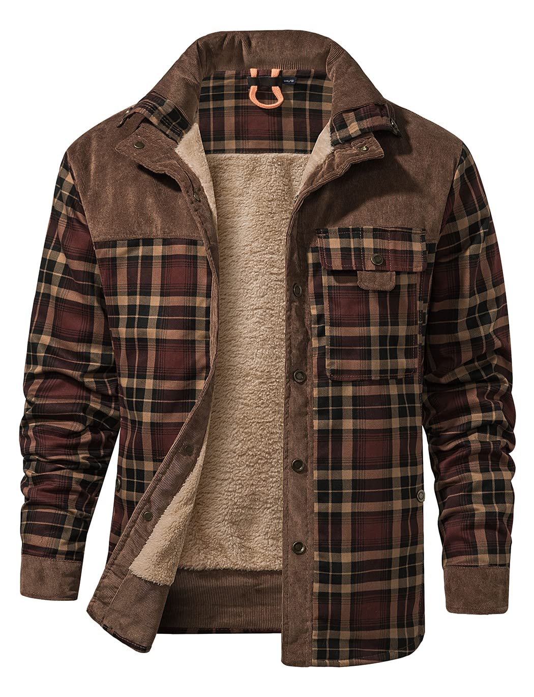 Haellun Men's Long Sleeve Sherpa Lined Shirt Jacket Flannel Plaid Fleece Coats (Large, Coffee)