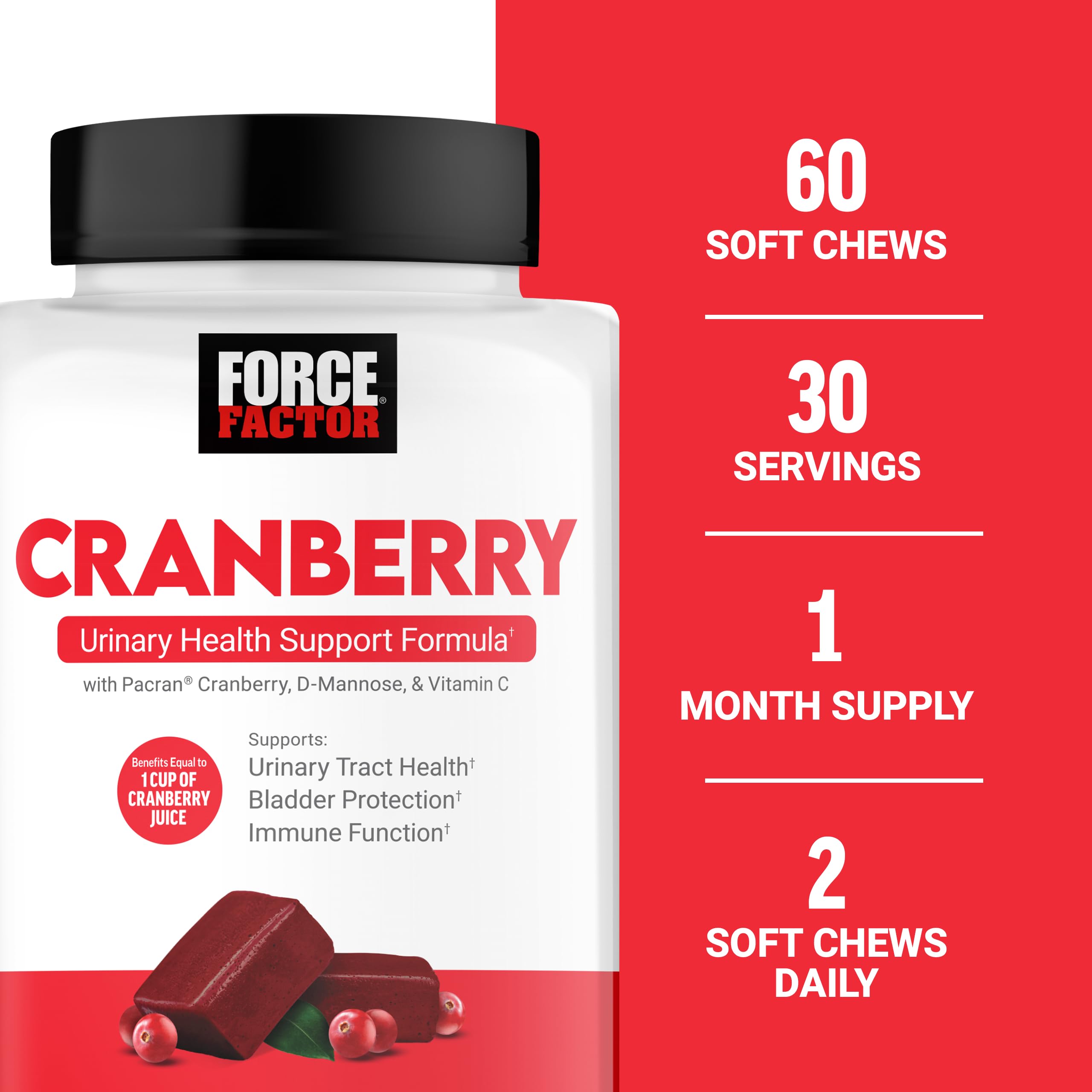 FORCE FACTOR Cranberry Soft Chews, Cranberry Supplement with D Mannose and Cranberry Extract to Support Bladder and Urinary Tract Health for Women, Vegan, Sweet Cranberry Flavor, 60 Soft Chews