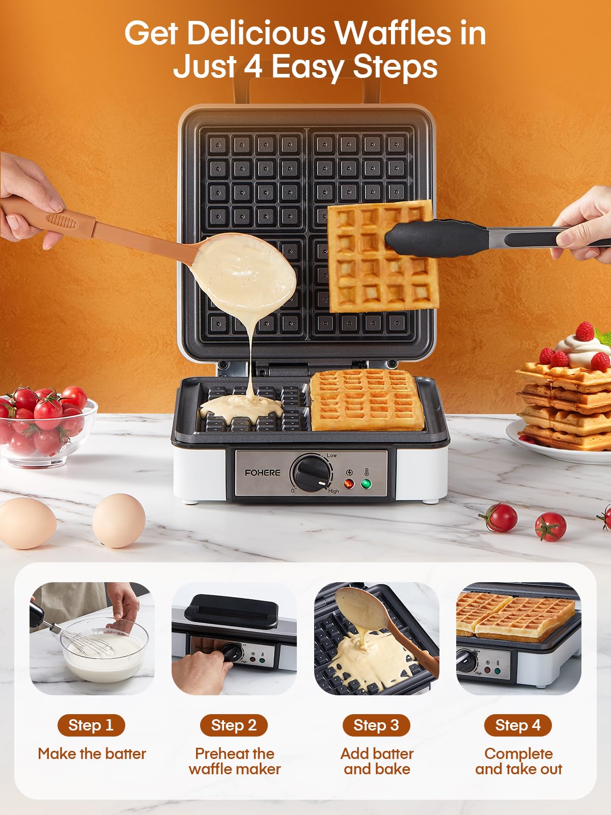 Belgian Waffle Maker 𝟒 𝑺𝒍𝒊𝒄𝒆𝒔, 𝟏𝟐𝟎𝟎𝑾 Waffle Iron, Waffle in 𝟓 𝑴𝒊𝒏𝒔, 5 Browning Levels, Nonstick Plates, Cool-touch Handle, Anti-scald, Anti-overflow, Indicator Lights, Recipe, White