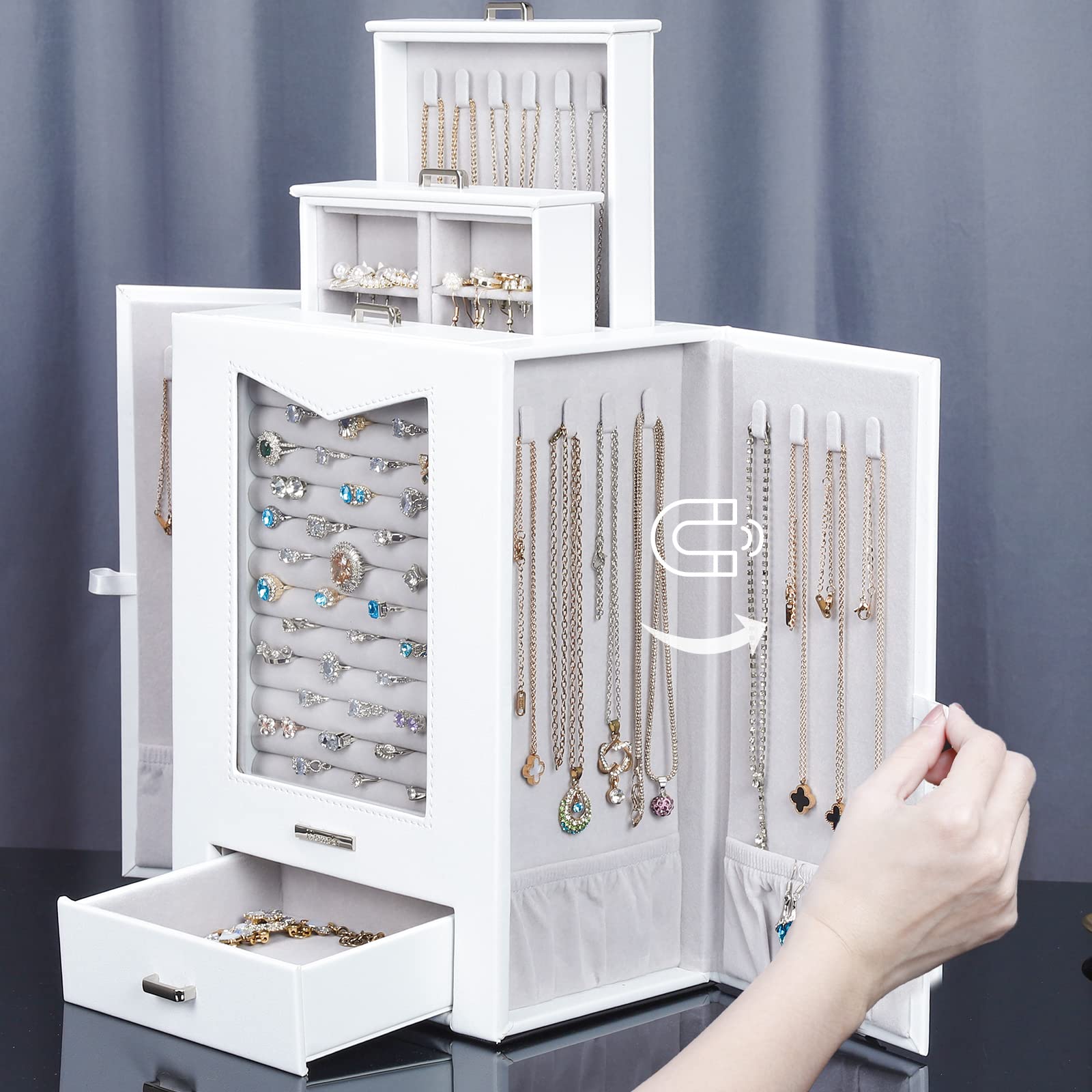 Homde Jewelry Organizer with Transparent Window Necklace Hooks Gift for Women Jewelry Box Display Case for Necklaces Rings Earrings Bracelets and Other Jewelry Accessories (White)