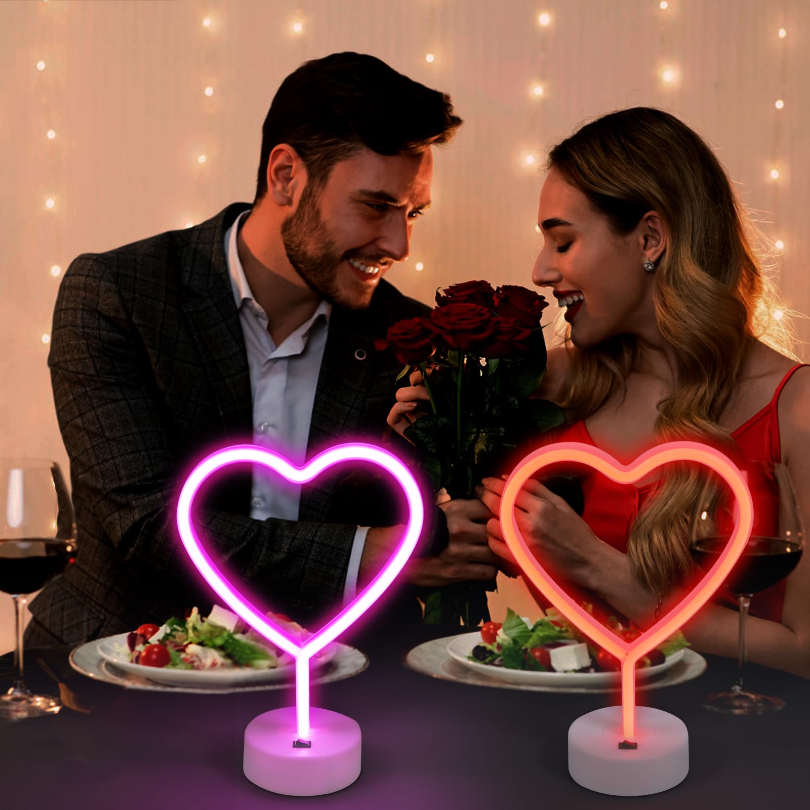 BRIGHTDECK 2 Pack Heart Neon Signs, LED Pink Heart Neon Lights Battery Operated or USB Powered Decoration Lamp, Neon Lights Heart Decor for Valentine's Day Gifts, Wedding, Party, Pink Room Decor