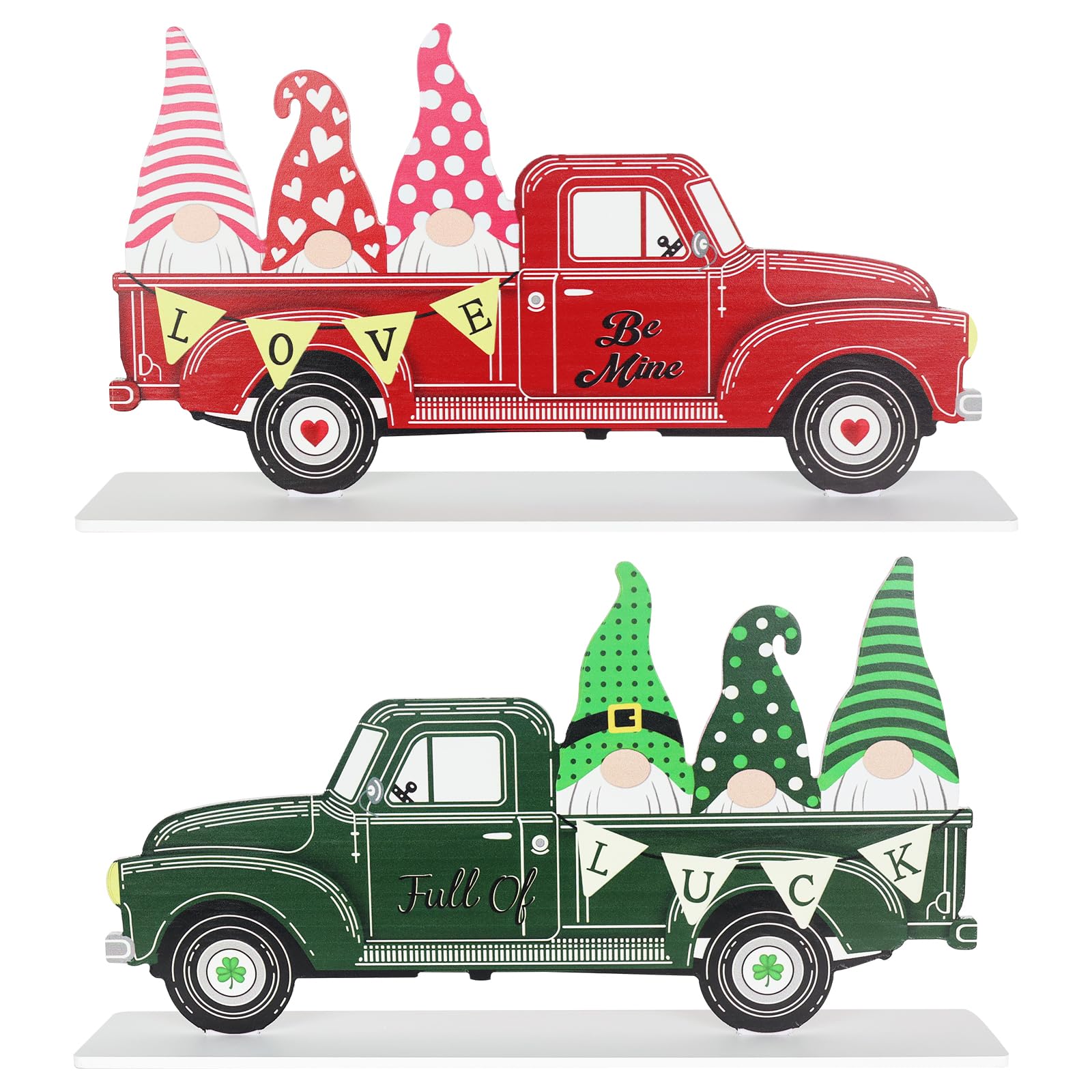 Valentines Day Decorations and St Patricks Day Decorations, Double-sided Festive Truck Wooden Sign, DEWBIN Gnomes Wood Block Valentine Decor, Valentines Day Decorations for the Home, Mantle, Table