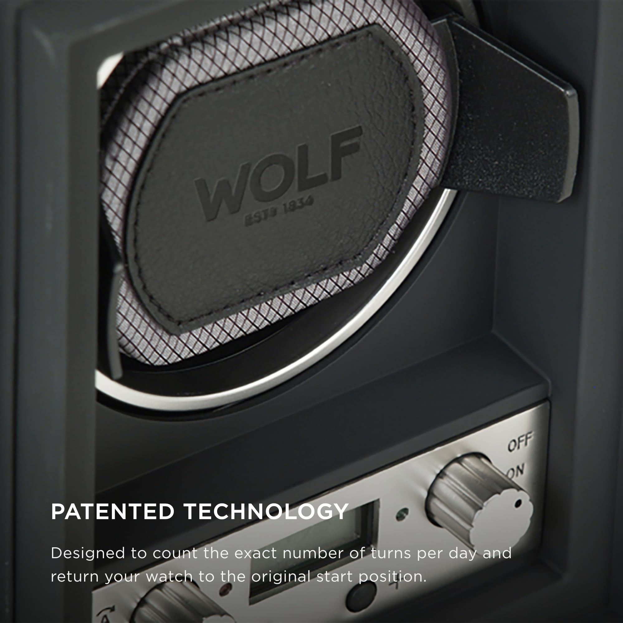 Wolf Module 4.1 Watch Winder, Black - Secure Fit with Patented Lock-in Dynamic Cuff - Accommodates All Wrist Sizes - Includes Universal Adapter