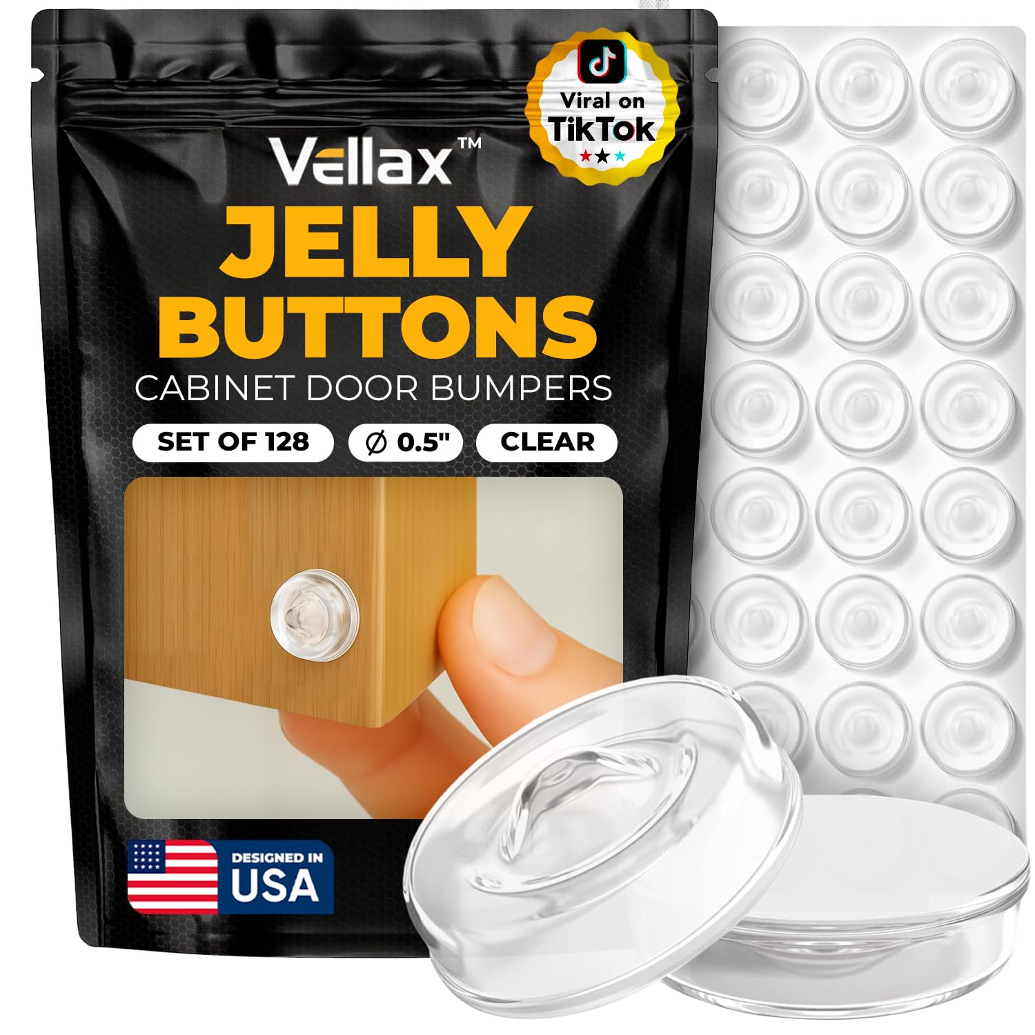 Vellax 256 Clear Silicone Bumper Pads & 128 Self Adhesive Cabinet Door Bumpers - Self-Adhesive Sound Dampening Stops with Jelly Button Shape Design for Cabinet Doors, Drawers