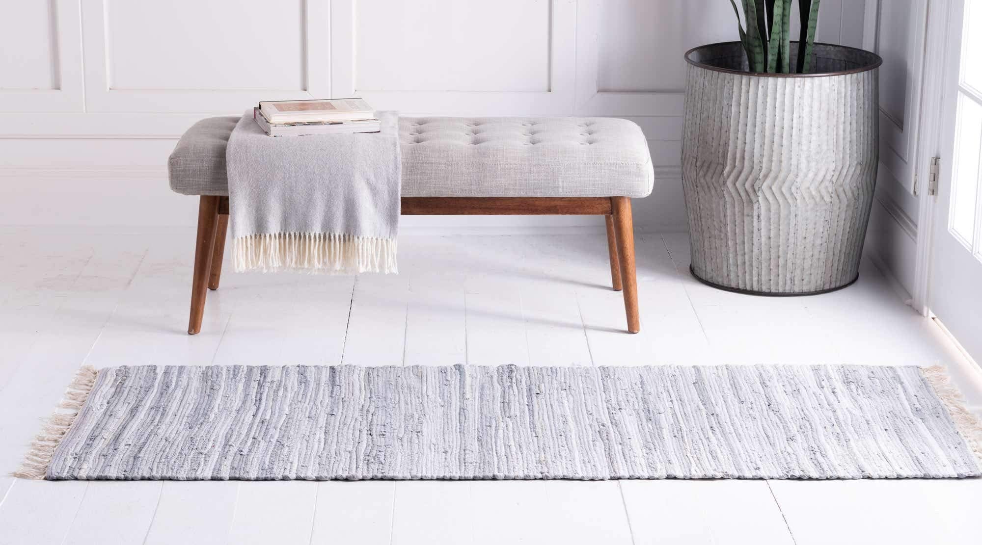 Unique Loom Chindi Cotton Collection Soft Hand Woven Natural Fiber Striped Area Rug, 2 ft 2 in x 6 ft 7 in, Gray/Ivory