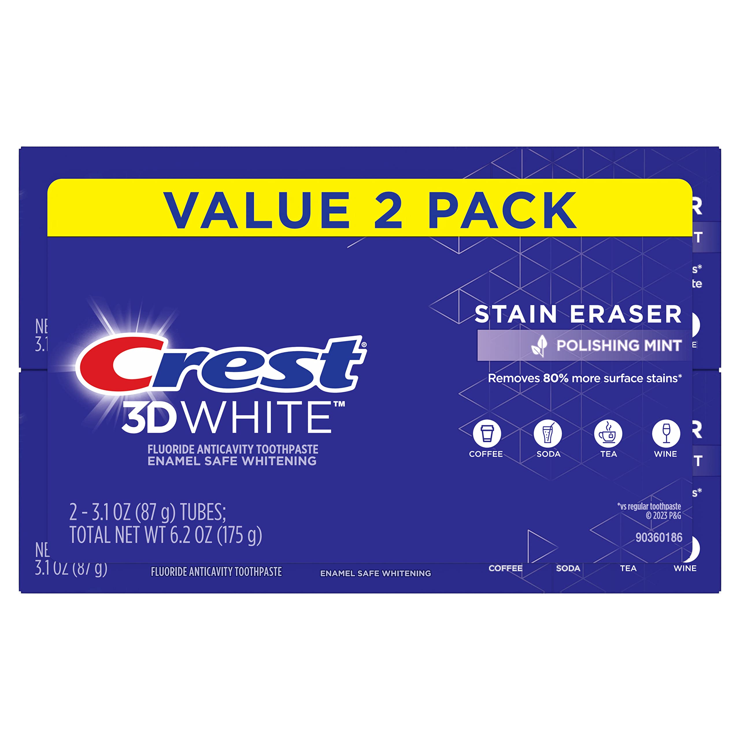 Crest 3D White Stain Eraser Teeth Whitening Toothpaste, Polishing Mint, 3.1 oz, Pack of 2