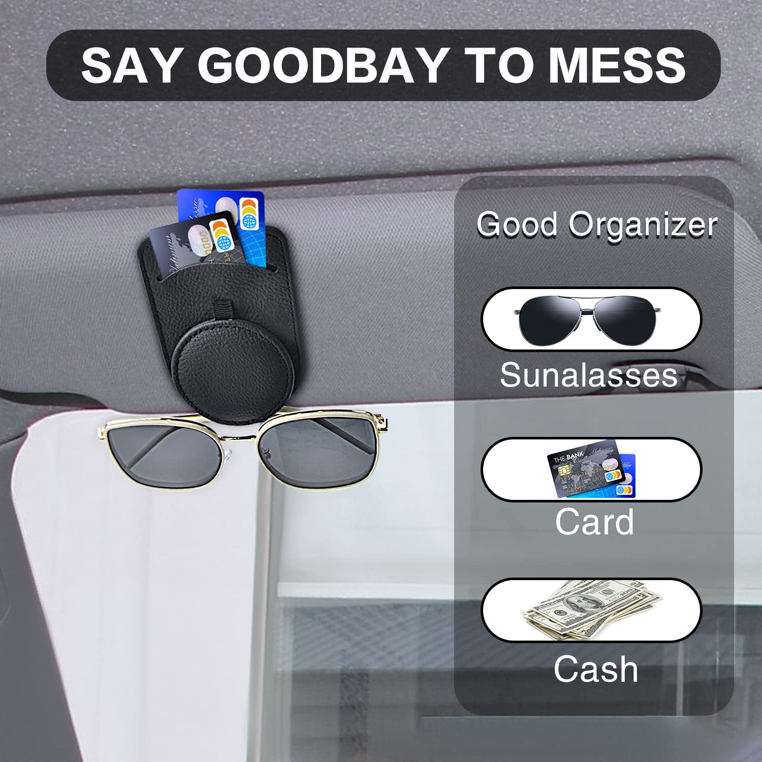 sicotool Sunglass Holder for Car Visor, Magnetic Leather Eyeglass Holder and Ticket Card Clip, Black Sunglasses Clip Car Accessories Interior for Woman Man
