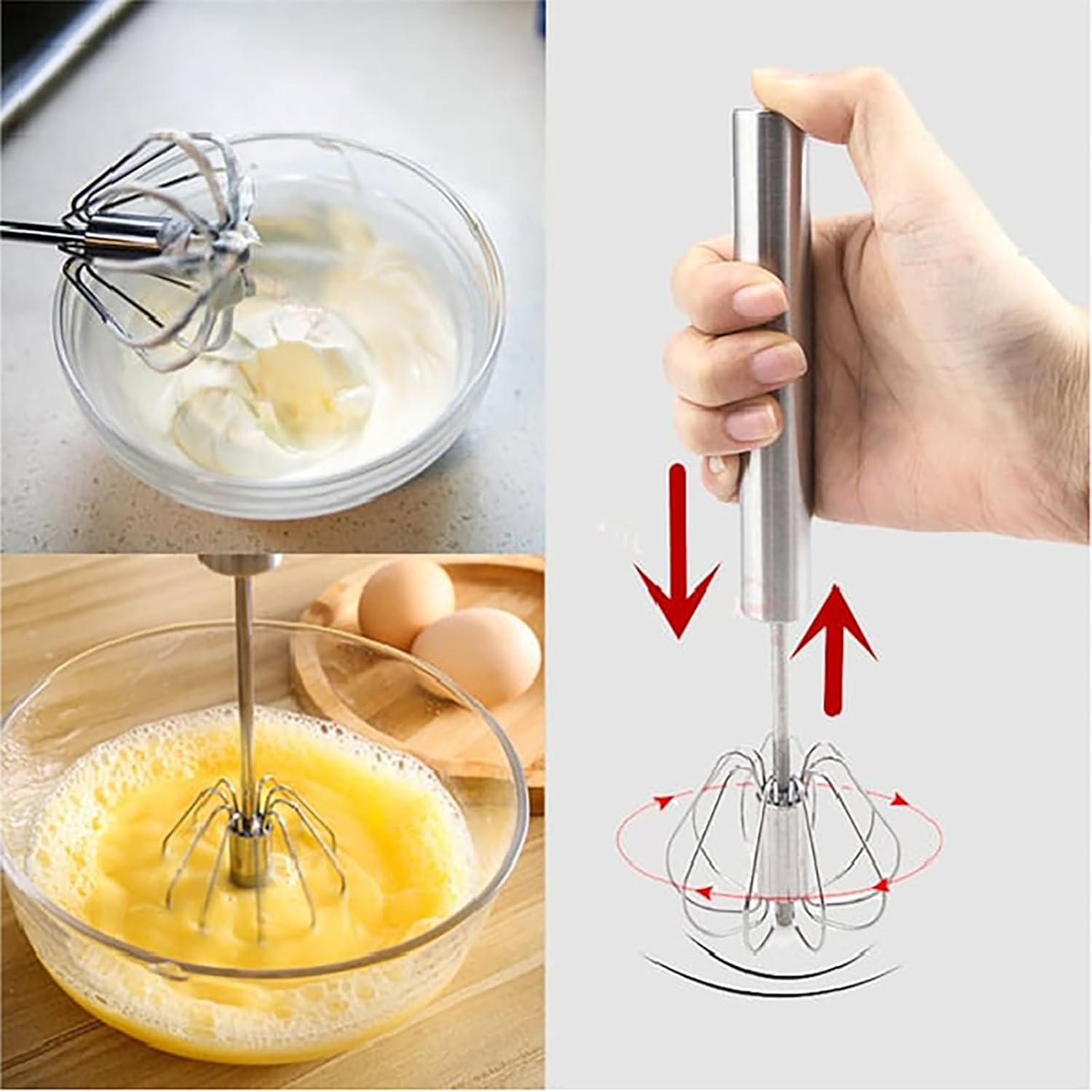 Semi-Automatic Egg Whisk, Upgraded Egg Whisk Hand Easy Push Rotary Whisk Blender, Stainless Steel Home Kitchen Tool for Blending, Whisking, Beating & Stirring (10 inch)