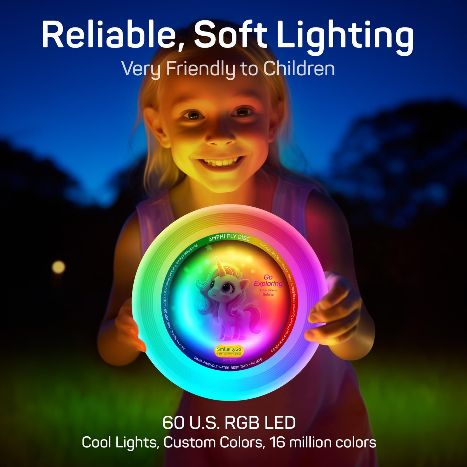 SmileFlyGo LED Flying Disc-16 Million Colors RGB 60 LEDs Bright,Rechargeable & Waterproof,Floats for Night/Water Play,Silicone Soft Touch for Boys/Girls/Teens/Kids,Fun Christmas,Birthday,Camping Gift