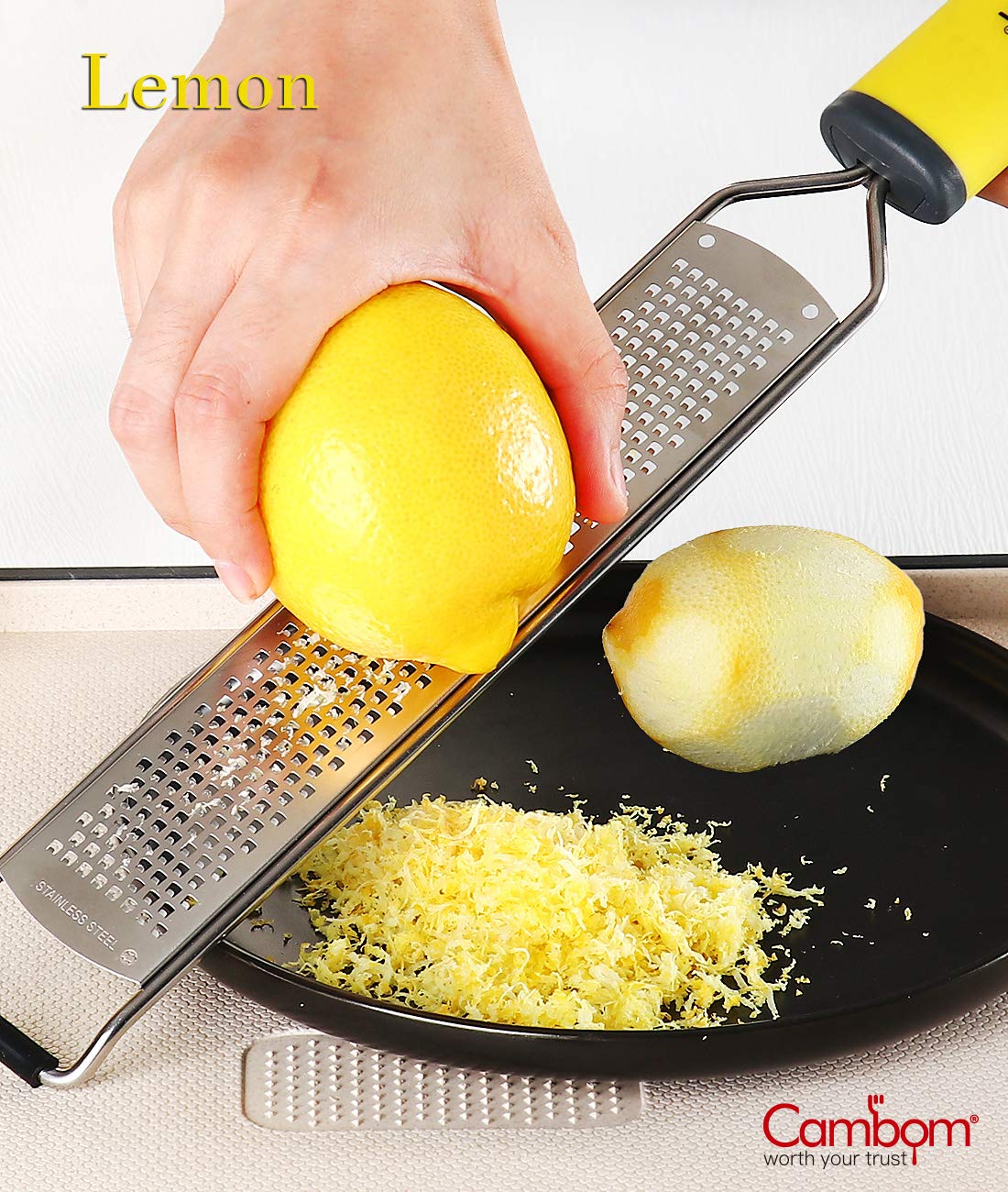 Cambom Zester Grater Cheese Grater - 2 in 1 Parmesan Cheese, Lemon, Chocolate, Ginger, Garlic, Nutmeg, Vegetables, Fruits - Non-Slip Handle Yellow