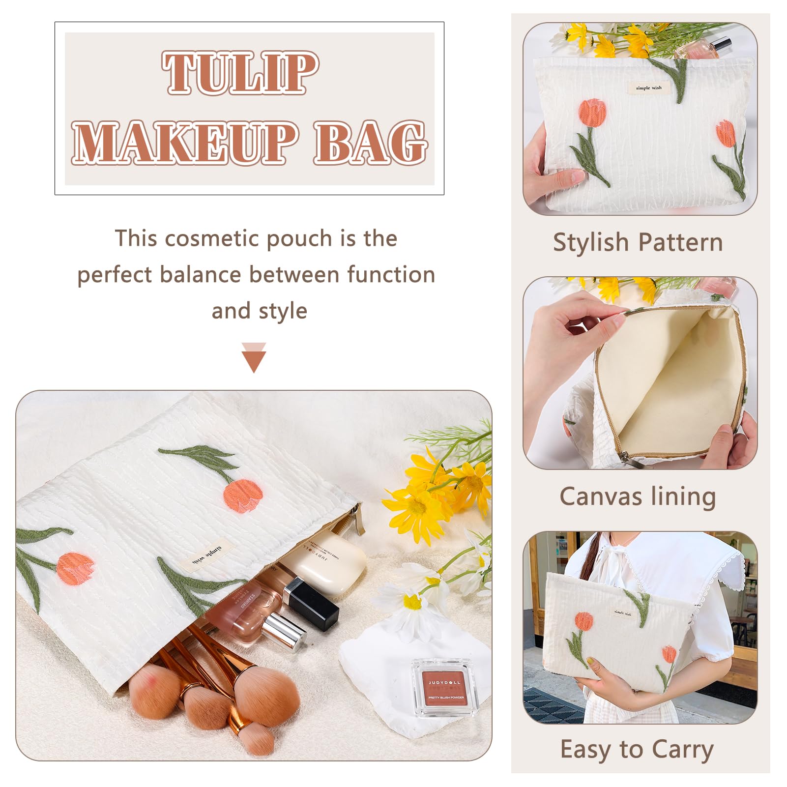 ZLFSRQ Tulip Makeup Bag for Women Floral Makeup Pouch for Purse Zipper Cosmetic Bag Large Capacity Quilted Canvas Cute Aesthetic Flower Makeup Bag Gift Travel Toiletry Make Up Organizer