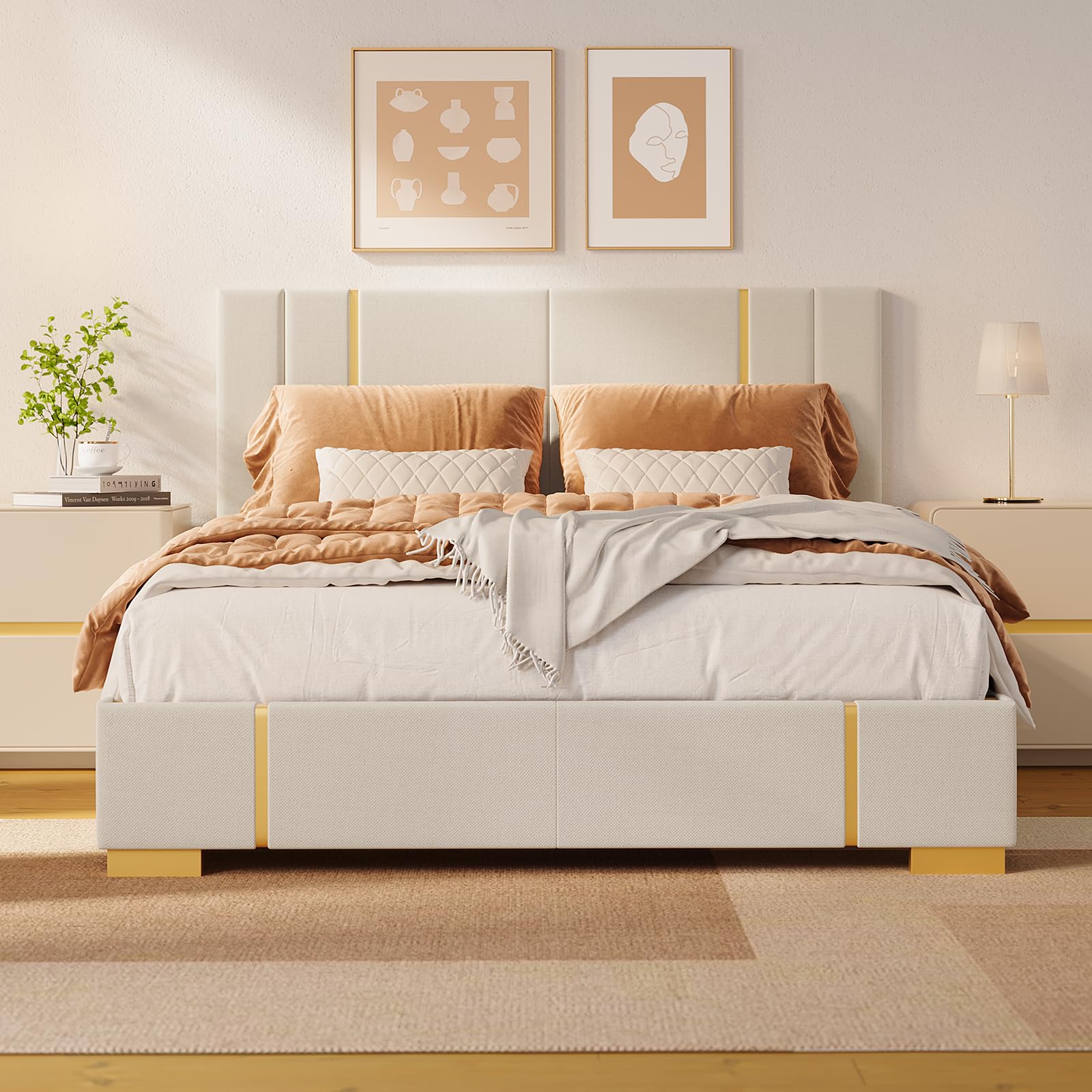 Gizoon Upgrade Queen Bed Frame, Upholstered Platform Bed Frame with Modern Headboard, Sturdy Metal Frame, Wooden Slats, Easy Assembly, Noise-Free, No Box Spring Needed, Beige