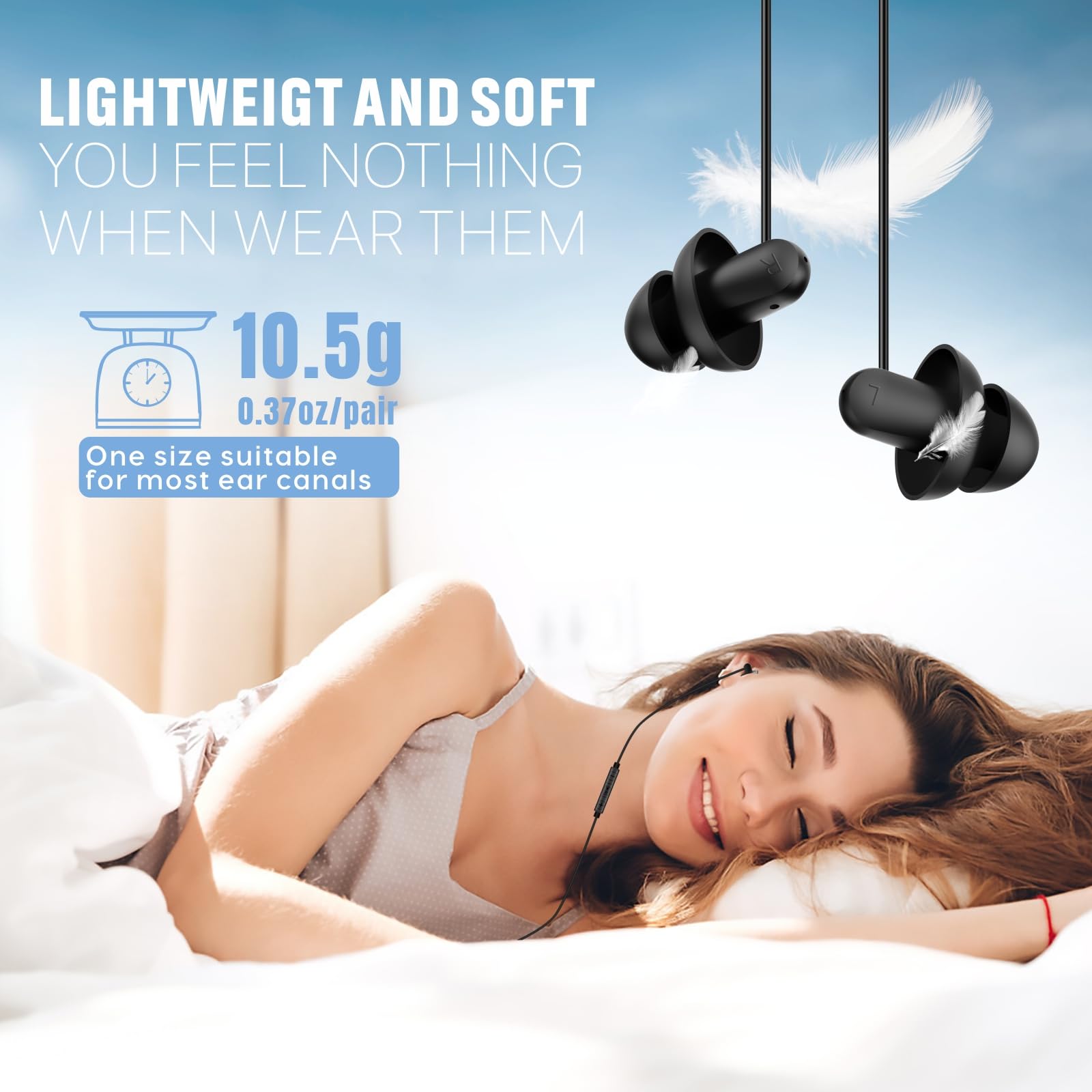 Hearprotek Sleep Earbuds, Lightweight Soft Noise Reduction Earbuds Wired with Mic and Volume Control, 3.5mm Tangle Free Sleep Headphones for Side Sleepers, Snoring, Air Travel, Meditation, Relaxation