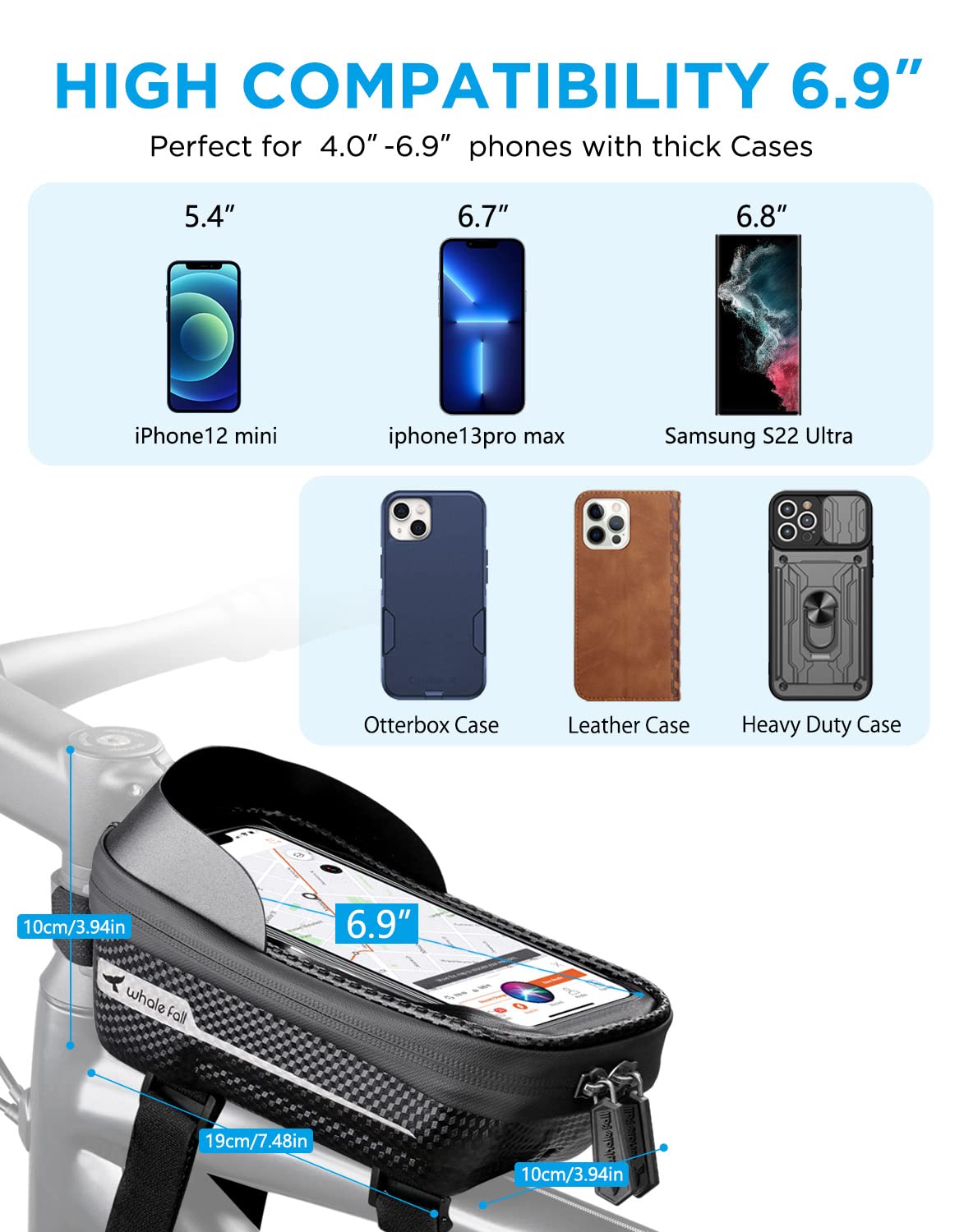 whale fall Hard Casing Bike Bag, Bike Accessories, Never Deform/Waterproof, Bike Phone Holder Bike Phone Mount with 0.25mm Sensitive TPU Touch-Screen, with Rain Cover for Phones under 6.9''