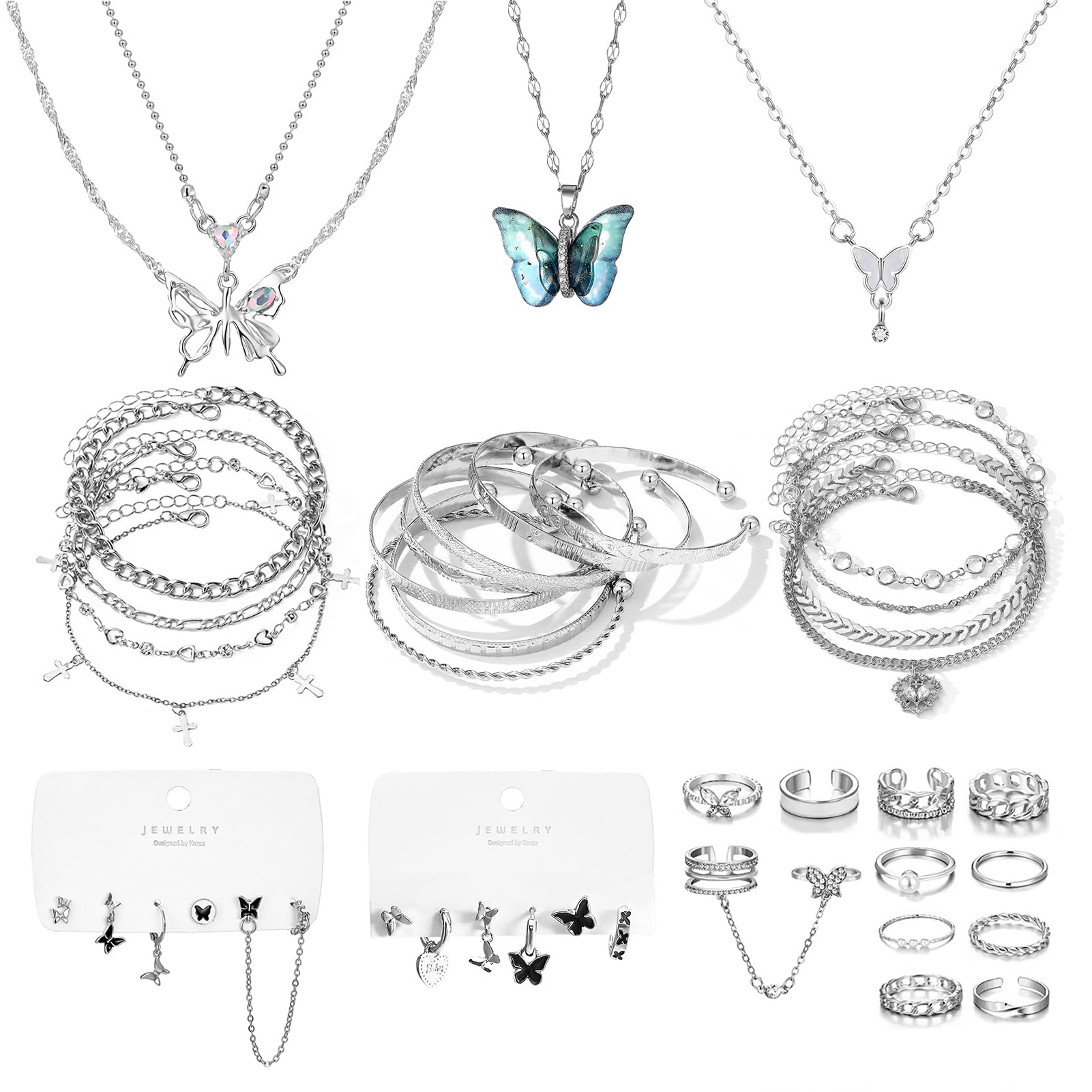 42 Pcs(10 Pack) Silver Plated Jewelry Set for Women With 3 Necklace 8 Bracelet 7 Bangle 12 Ring 12 Pcs Stud Earring Hoop Sparkle Butterfly Pack for Happy