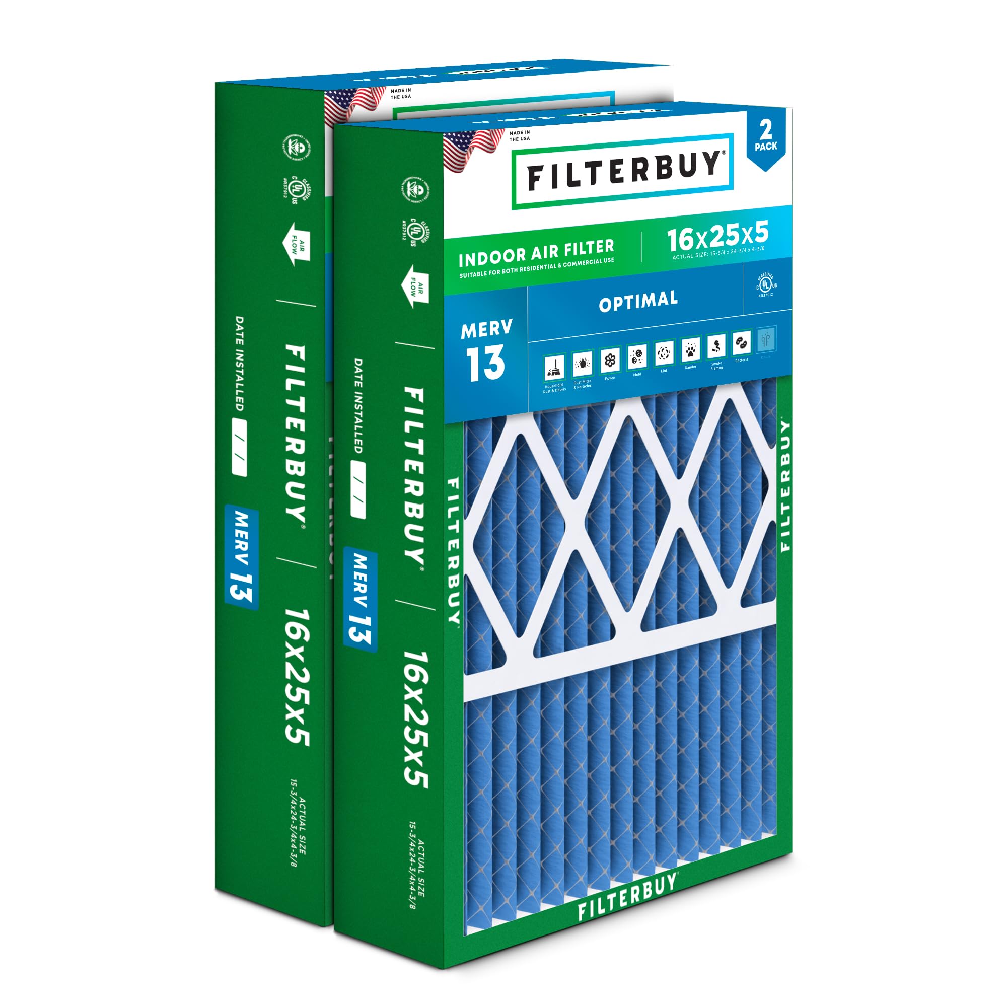 Filterbuy 16x25x5 Air Filter MERV 13 Optimal Defense (2-Pack), Pleated HVAC AC Furnace Air Filters for Honeywell FC100A1029, Lennox X6670, Carrier, & More (Actual Size: 15.75 x 24.75 x 4.38 Inches)