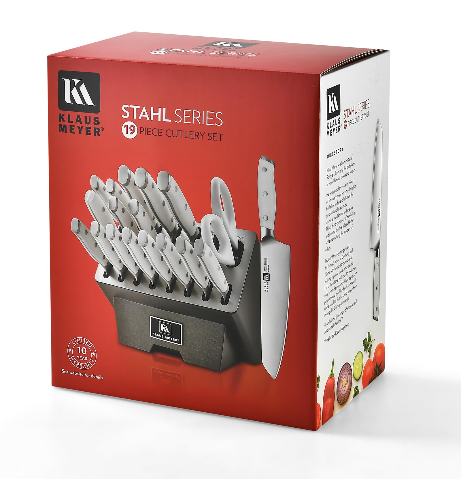 Klaus Meyer 19-Piece Knife Block Set, High Carbon German Stainless Steel (Stahl), Full-Tang Handles with Sharpener, White
