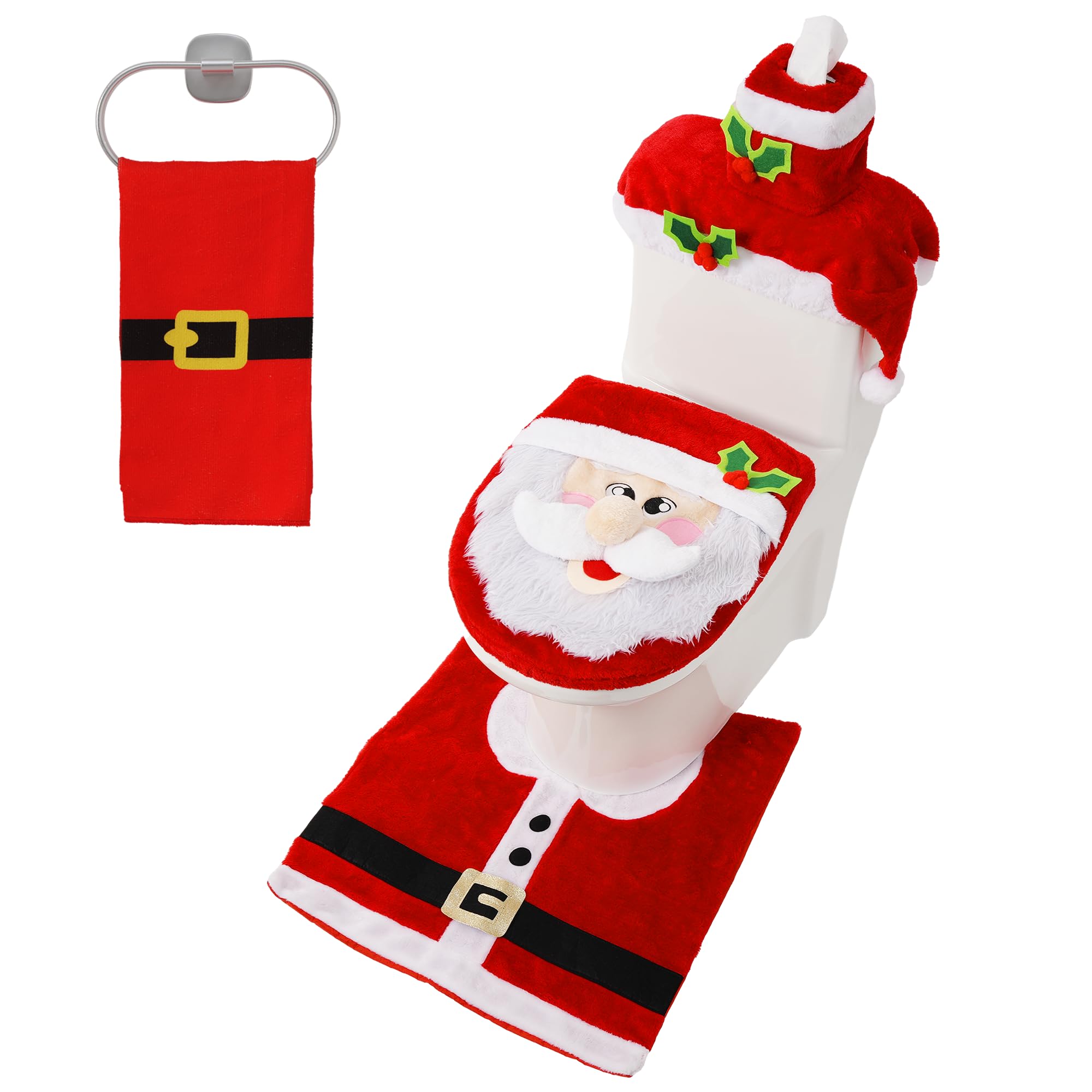 JOYIN 5 Pieces Christmas Theme Bathroom Decoration Set w/Toilet Seat Cover, Rugs, Tank Cover, Toilet Paper Box Cover and Santa Towel for Xmas Indoor Décor, Party Favors (Santa)