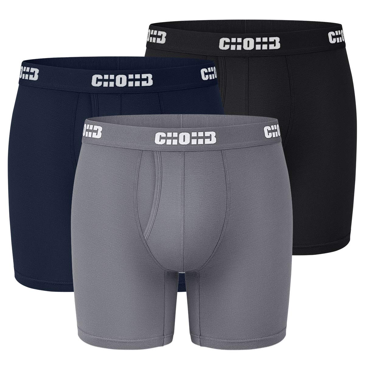 CHOHB Mens Underwear Micro Modal 3 Pack Boxer Briefs Open Fly, Black/Navy/Gray-M