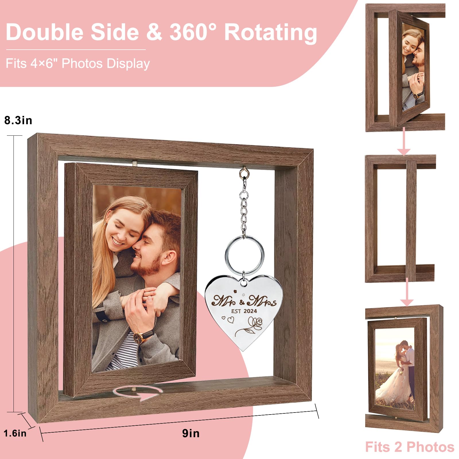 Wedding Gifts for Couples 2024,Rotating Floating Mr and Mrs Picture Frame,4x6 Rustic Picture Frame Engagement Gifts for Couples,Bridal Shower Gifts for Bride to Be