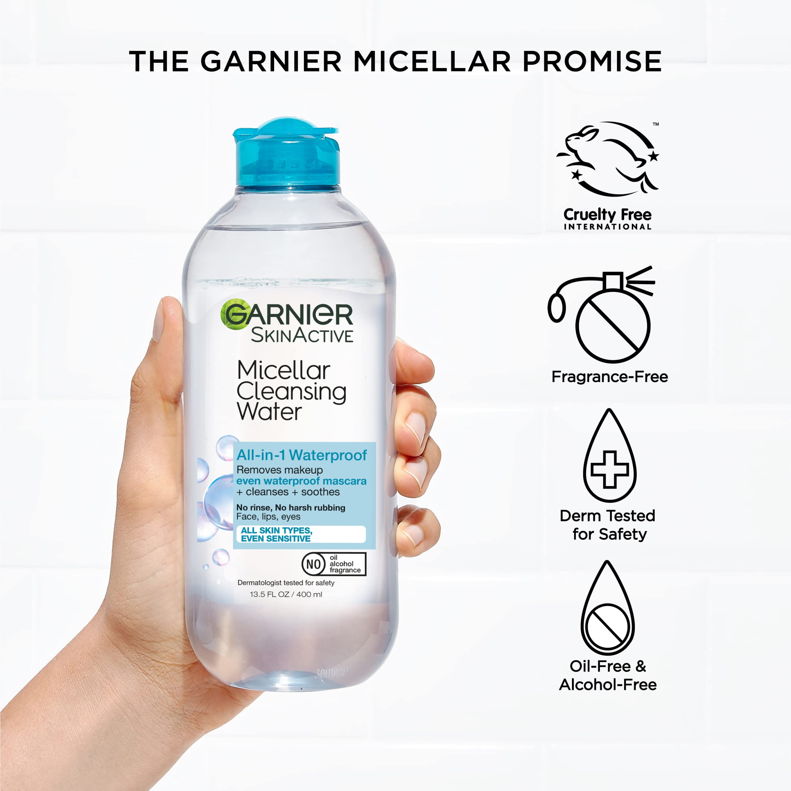 Garnier Micellar Water For Waterproof Makeup, Hydrating Facial Cleanser & Makeup Remover, Suitable for Sensitive Skin, Vegan, Cruelty Free, 13.5 Fl Oz (400mL), 1 Count