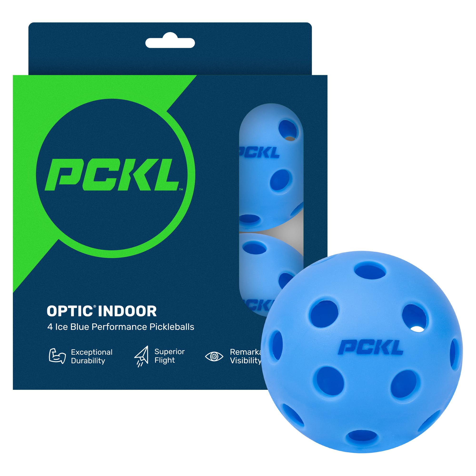 PCKL Optic Speed Pickleball Balls | Indoor & Outdoor | 4 Pack of Balls | Built to USAPA Specifications (Indoor Ice Blue)