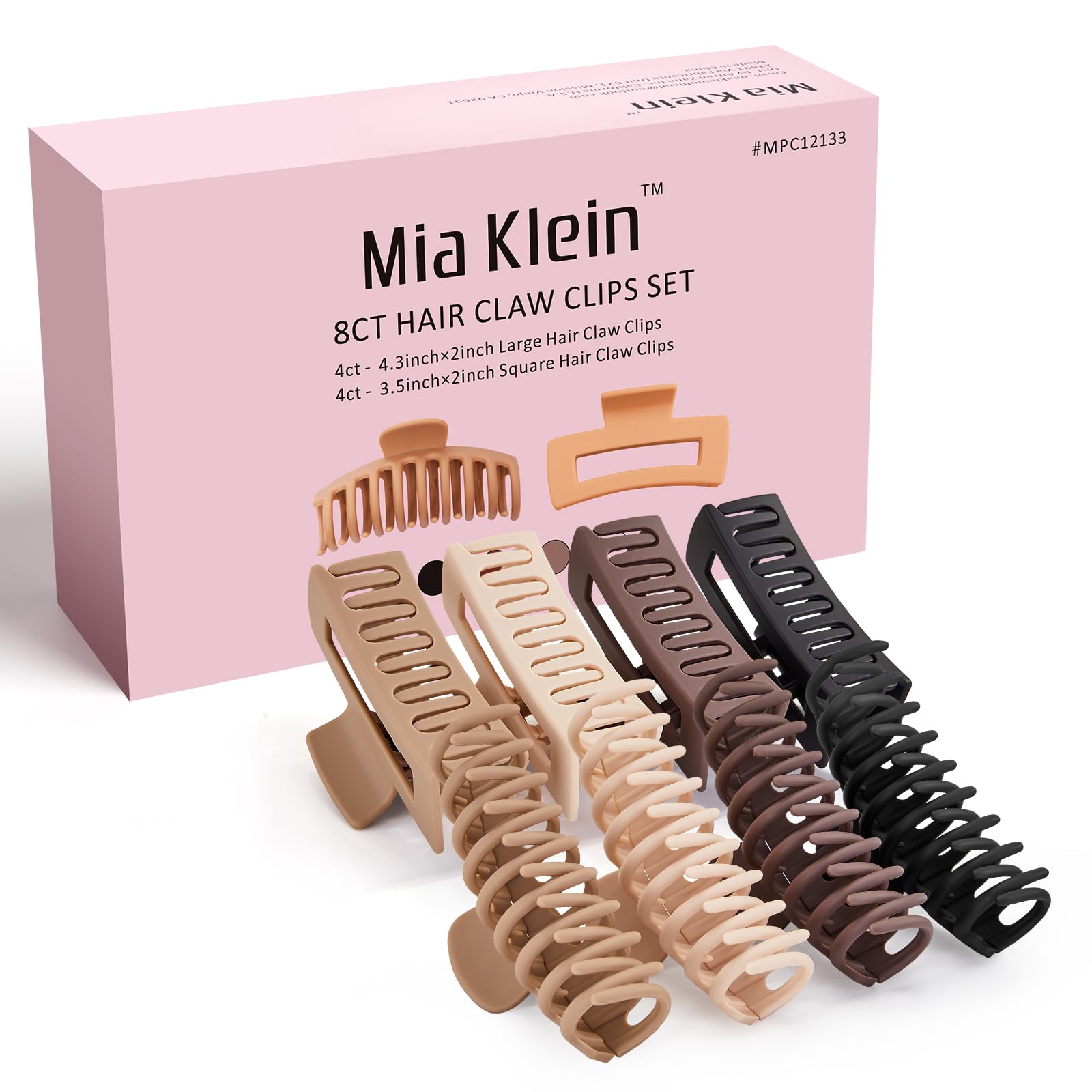 Mia Klein Hair Claw Clips for Women Thick Hair 8 Pack, Strong Hold Hair Clips Banana Clip Large 4.3 Inch And 3.5 Inch Non-Slip Matte Medium Claw Clips for Curly Hair, Neutral Colors