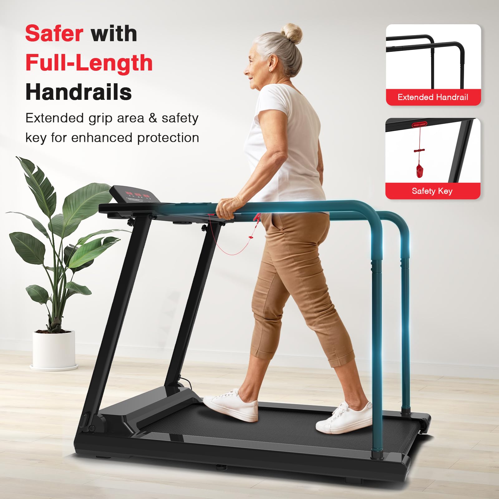Redliro Treadmill for Seniors with Long Handrails - Flat 0% Incline Recovery Walking Treadmill with Desk, Cup Holder & Wheels - 300 lbs Capacity for Home Exercise