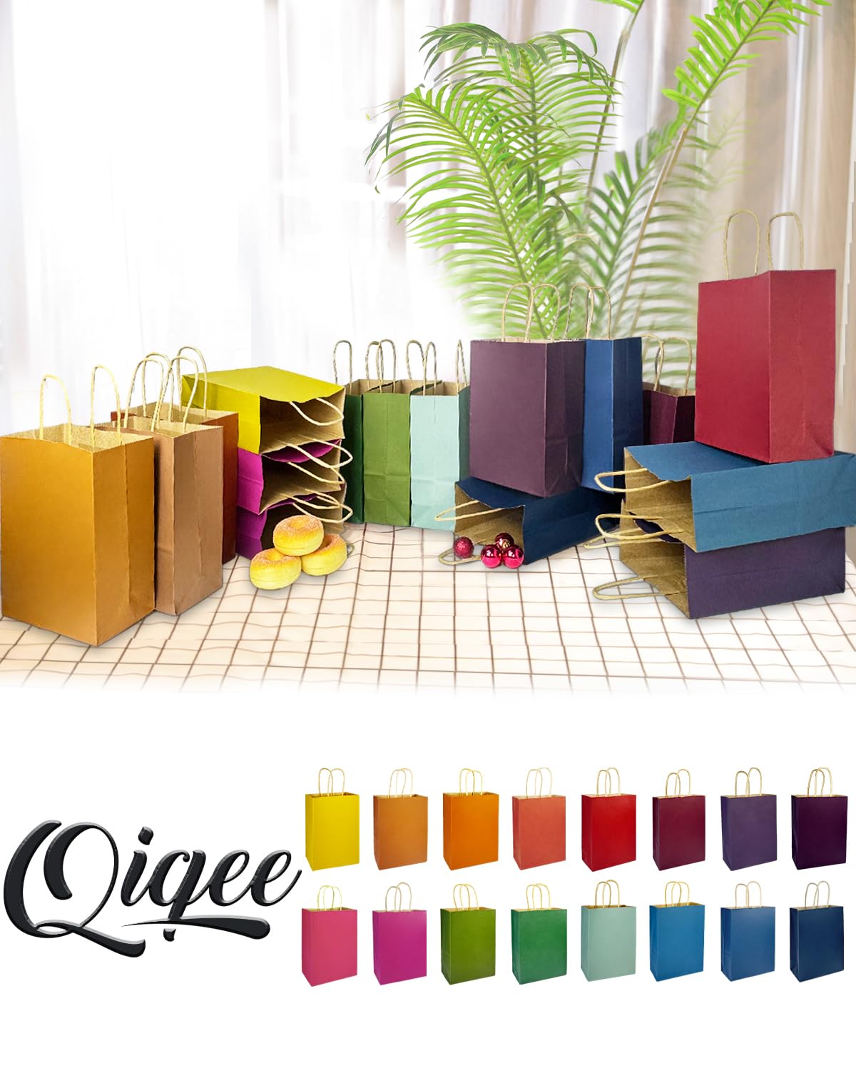 qiqee 32-Packs Paper Bags with Handles Bulk 8.26"×6"×3.15" Small Gift Bags 16 Different Senior Color Bags Multiple Uses（Small Size）