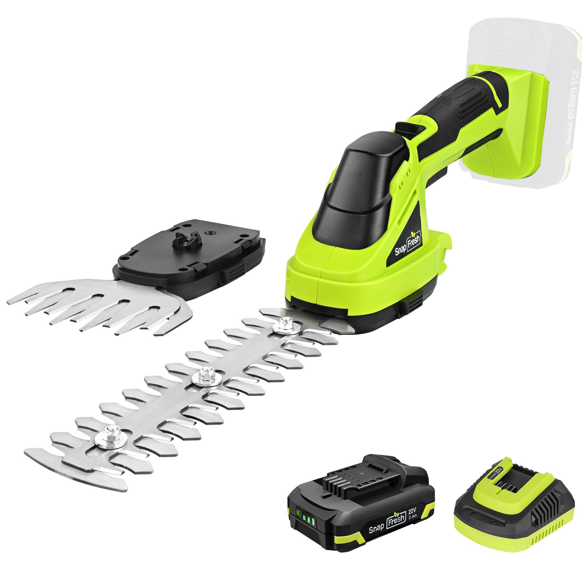 SnapFresh 20V Hedge Trimmer Cordless, 2 in 1 8.67" Electric Shrub Trimmer and 4.72” Grass Shears with 2.0Ah Li-ion Battery and Charger, Handheld Grass Cutter/Bush Trimmer for Garden Yard