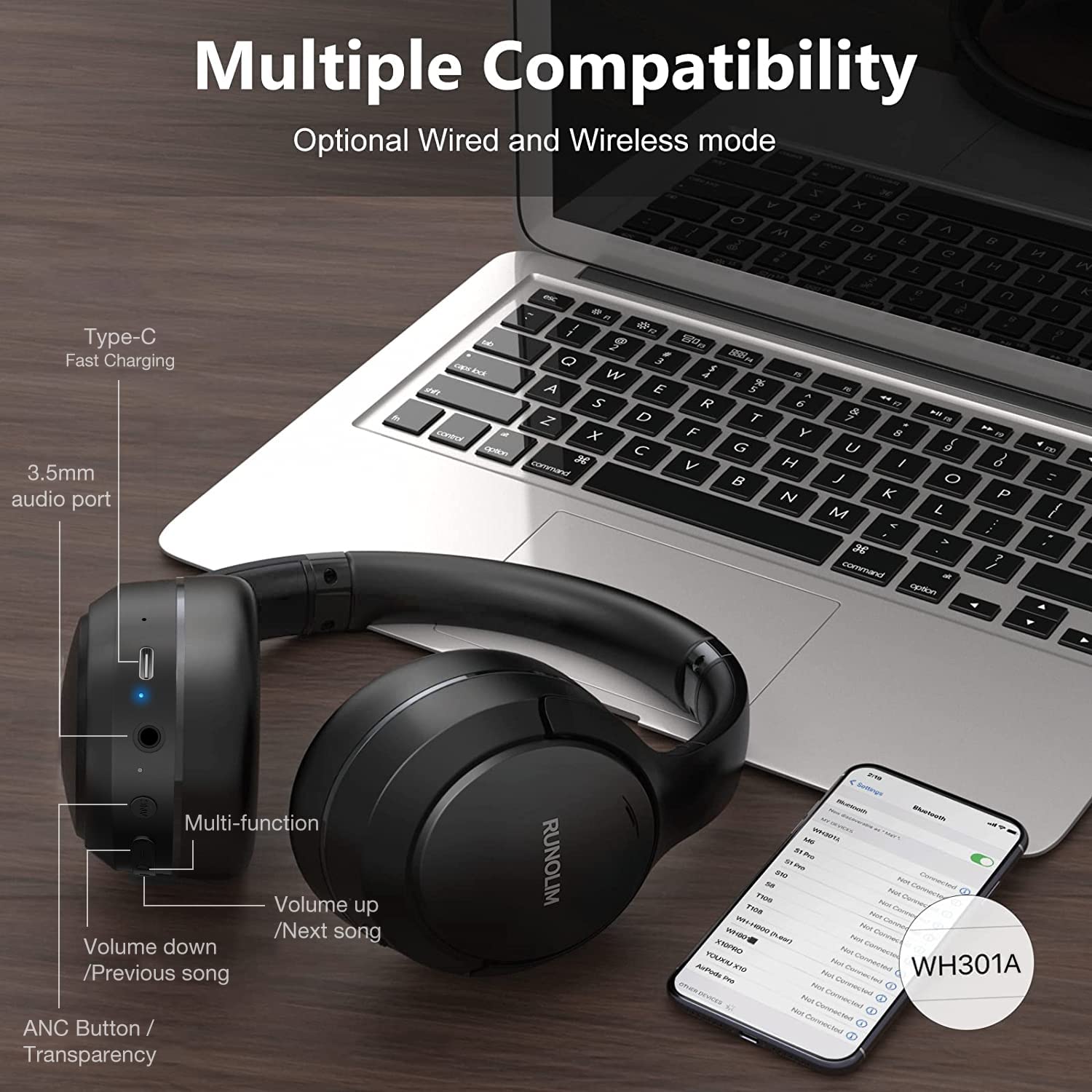 RUNOLIM Hybrid Active Noise Cancelling Headphones, Wireless Over Ear Bluetooth Headphones with Microphone, 70H Playtime, Foldable Headphones with HiFi Audio, Deep Bass for Home Travel Office