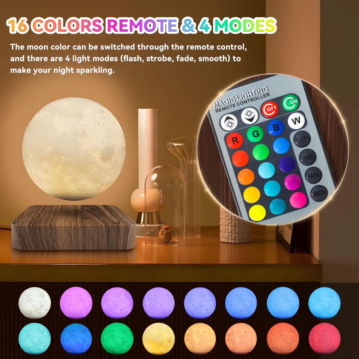 Flagest Floating Moon Lamp 16 Colors Adjustable Brightness Levitating Moon Lamp with Remote Control, Room Desk Decor Magnetic Levitation Moon Night Light, Birthday Holiday Unique Item