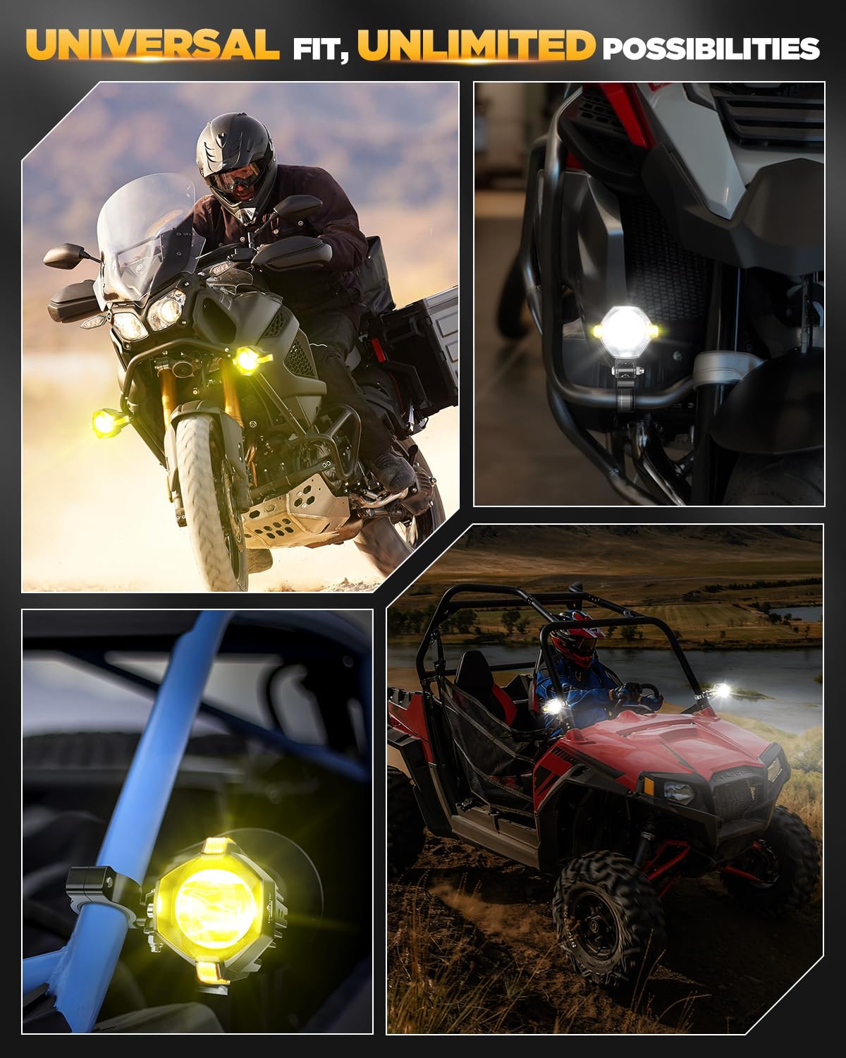 Auxbeam Motorcycle LED Fog Lights Driving Lights Amber Auxiliary Light, MT8 Series LED Spotlight with 8 Modes Dual Color, 60W 6000LM Off-Road Work Light for Motorcycle ATV UTV Dirtbike Truck