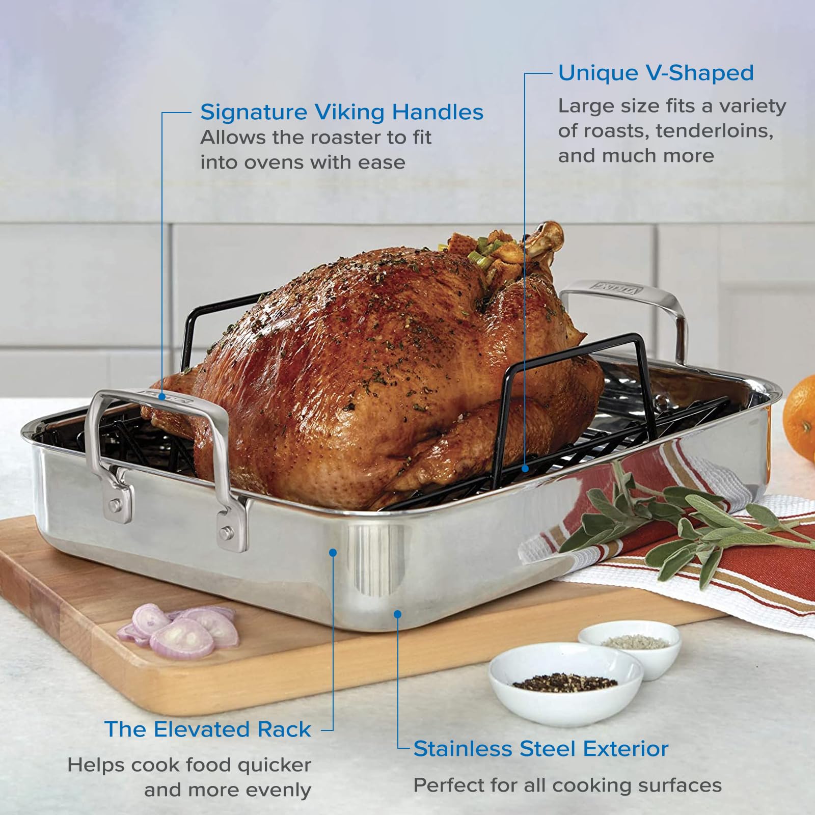 Viking Culinary 3-Ply Stainless Steel Roasting Pan and Rack with BONUS Instant Read Thermocouple Probe Thermometer, 16" x 13" x 3"