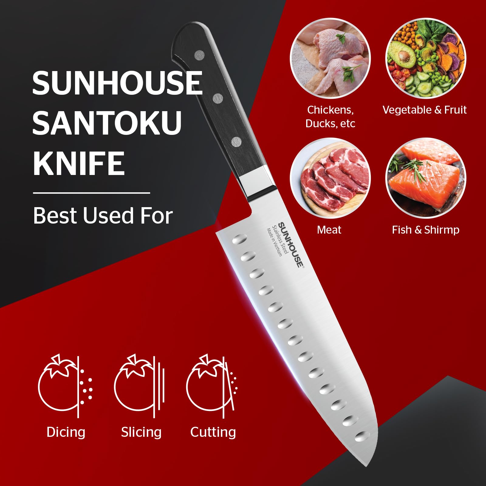 Sunhouse Santoku Knife 7 inch, AUS-8 Stainless Steel – Superior 59HRC Hardness, Razor Sharp Blade, Full Tang, Ergonomic Handle, Perfect Gifts for Mom or Dad, Premium Gifts Box