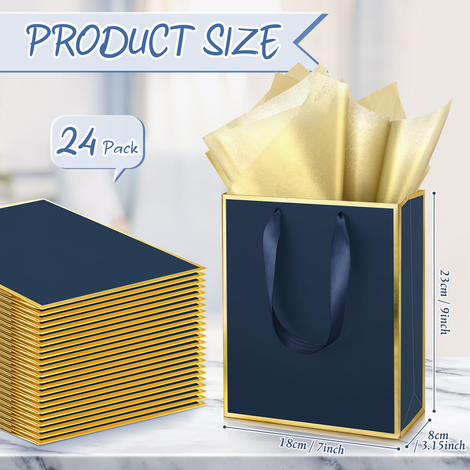 Yeaqee 24 Pack Metallic Paper Gift Bags with Handle and Tissue 9 x 7 x 3.1 Bridesmaid Welcome Gift Bag Thank You Bags for Christmas Thanksgiving Party Wedding Bridal Favor(Navy Blue, Gold)